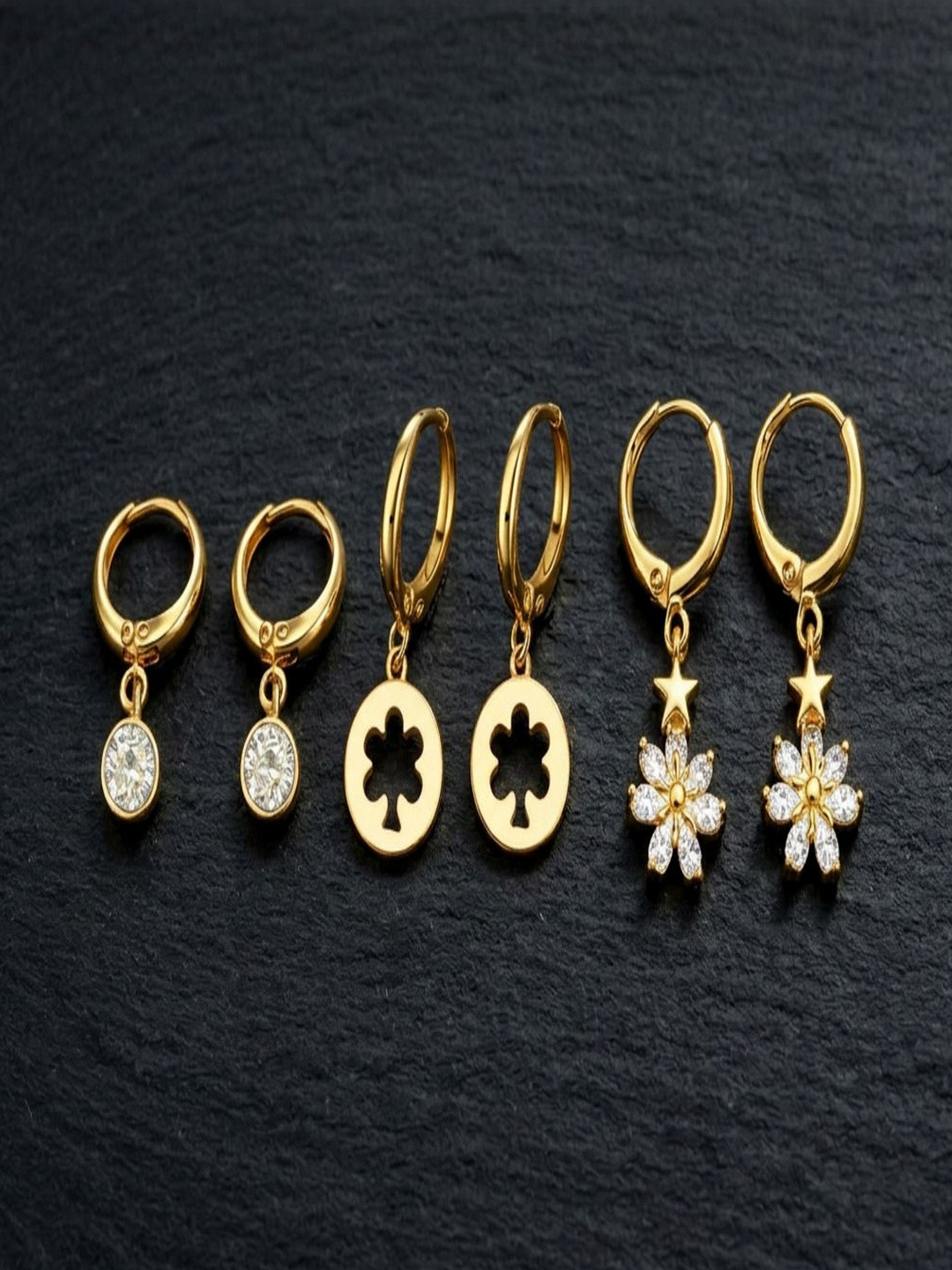 Jewelz Set Of 3 Gold Hoop Earrings with Charm Drop Earrings