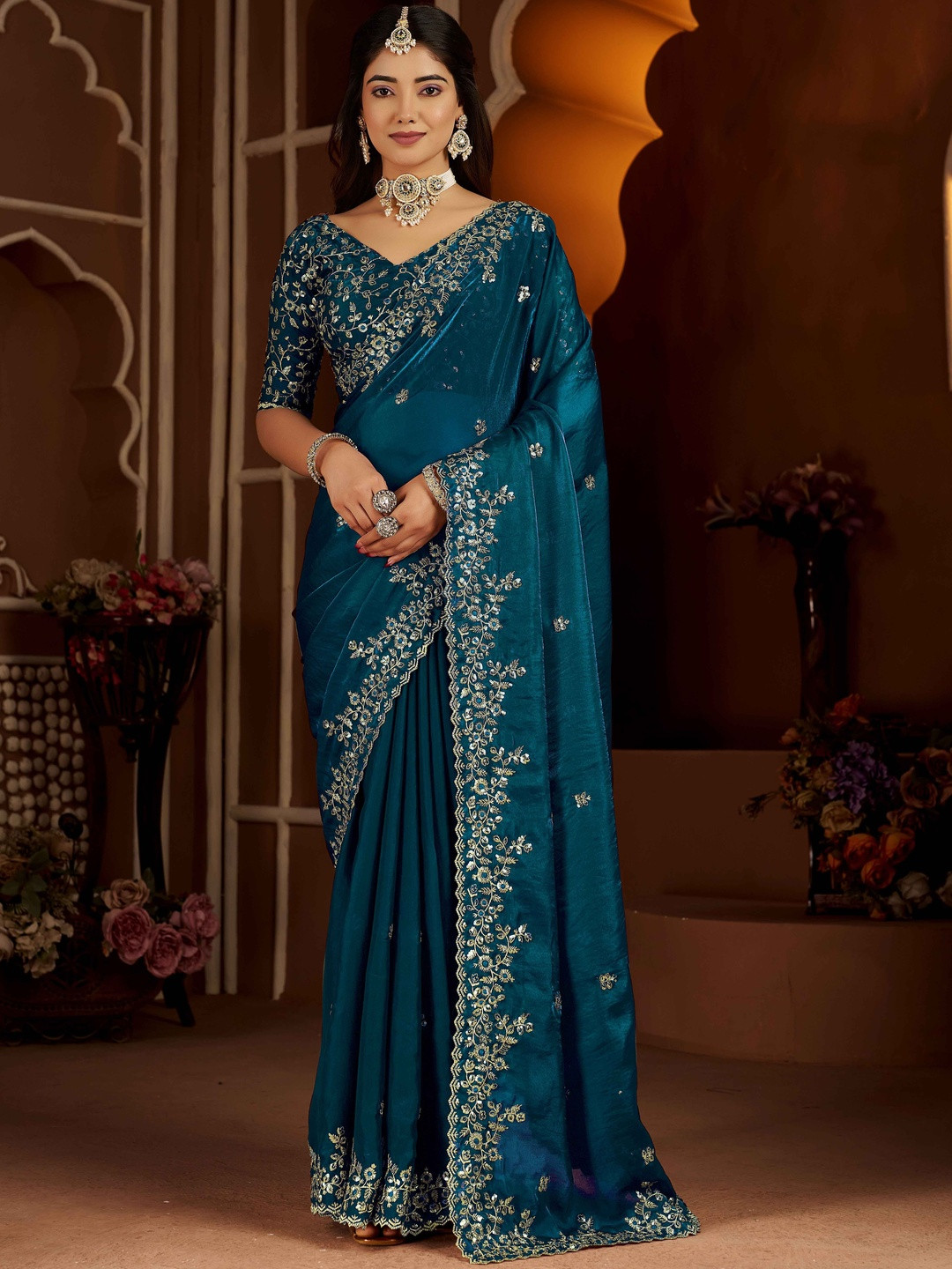 RAAG VARNAM Ethnic Motifs Sequinned Satin Saree