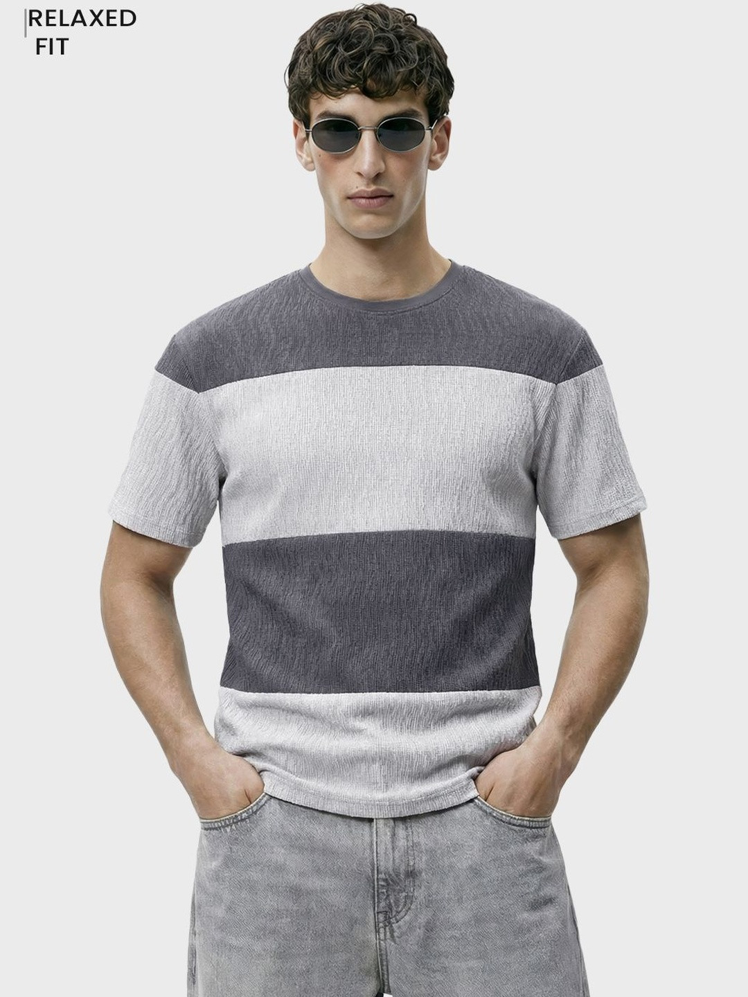 The Indian Garage Co Men Relaxed Fit Textured Crew Neck Half Sleeves Tshirts