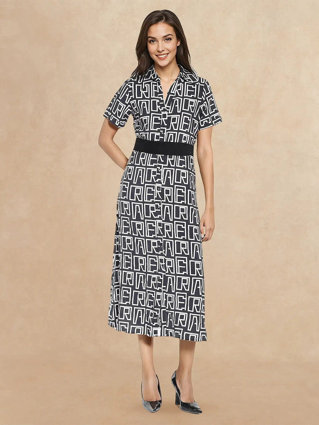 RAREISM Women Black A-Line Fit Regular Sleeve Drop Collar Dress