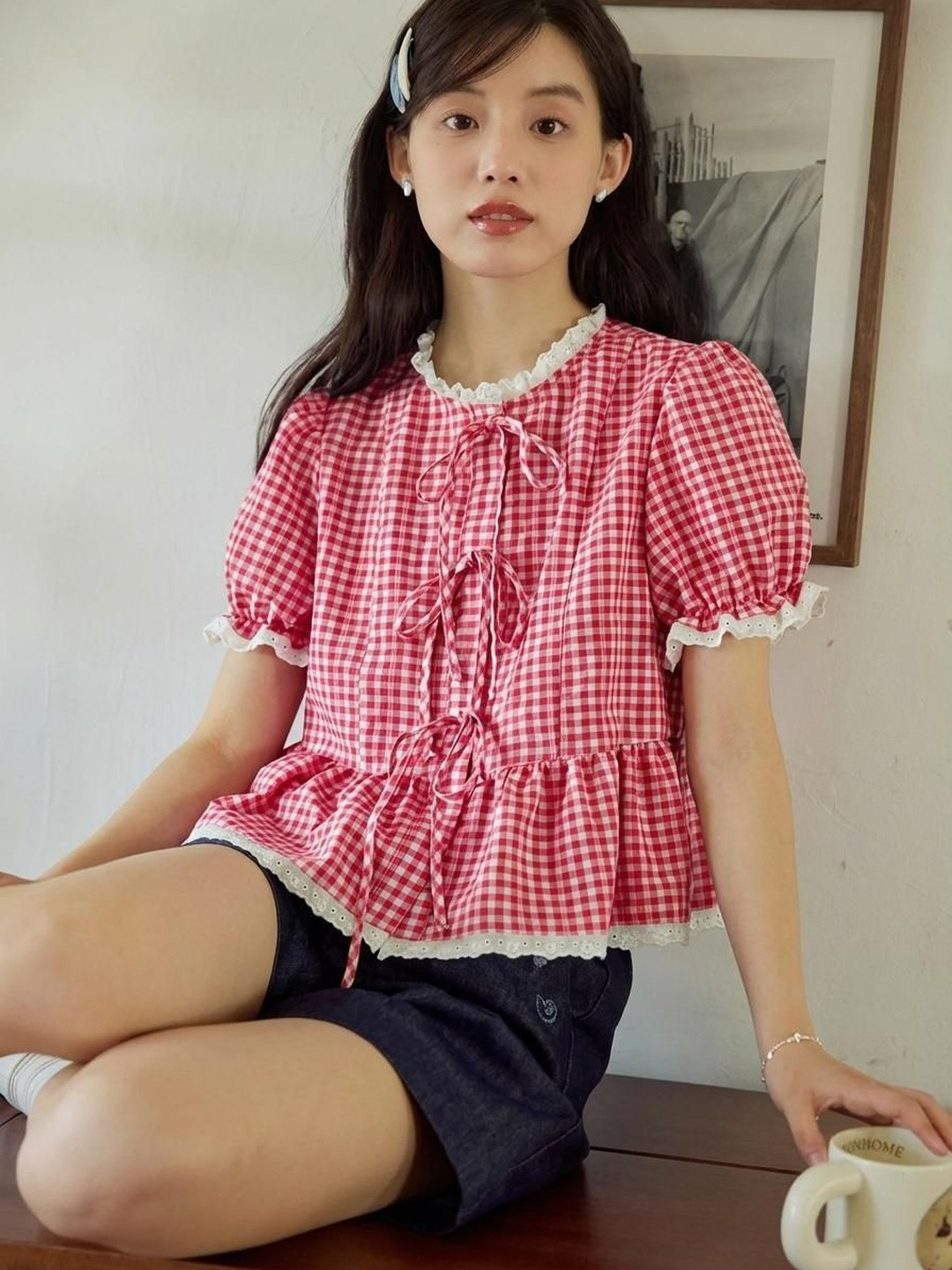 Quintessentials Checked Puff Sleeve Tie-Ups Cotton Peplum Top