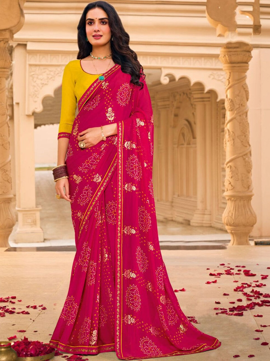 Vishal Prints Magenta Pink Printed Georgette Fancy Border Sarees