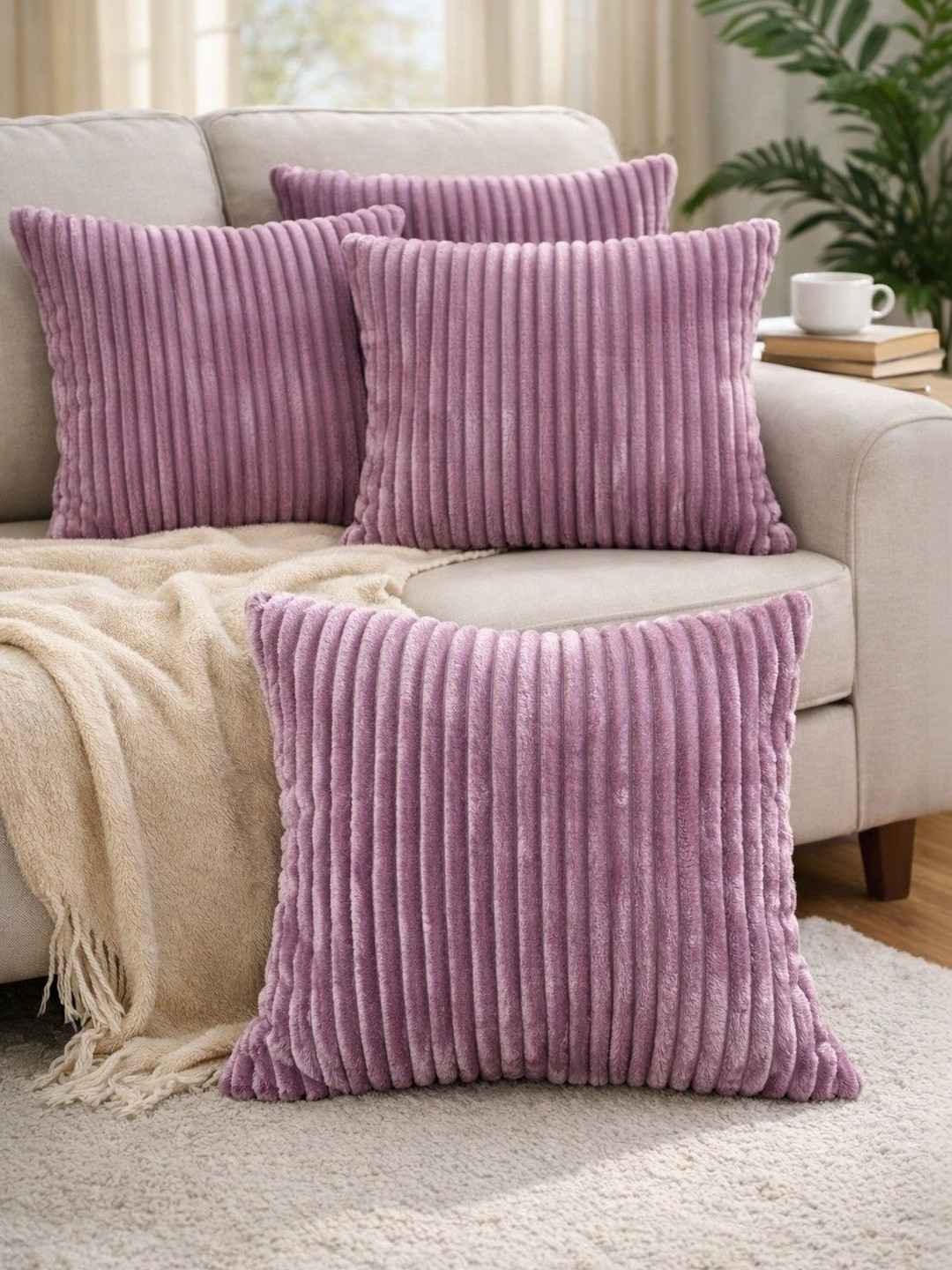 LOFEY Set of 5 Prink Striped Velvet Square Cushion Covers