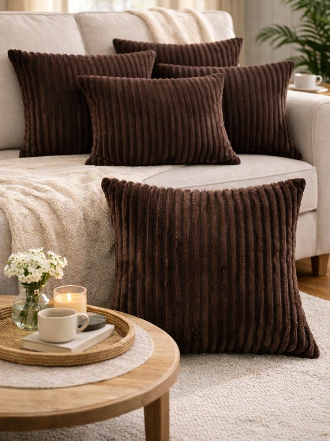 LOFEY Brown Set of 5 Striped Velvet Square Cushion Covers