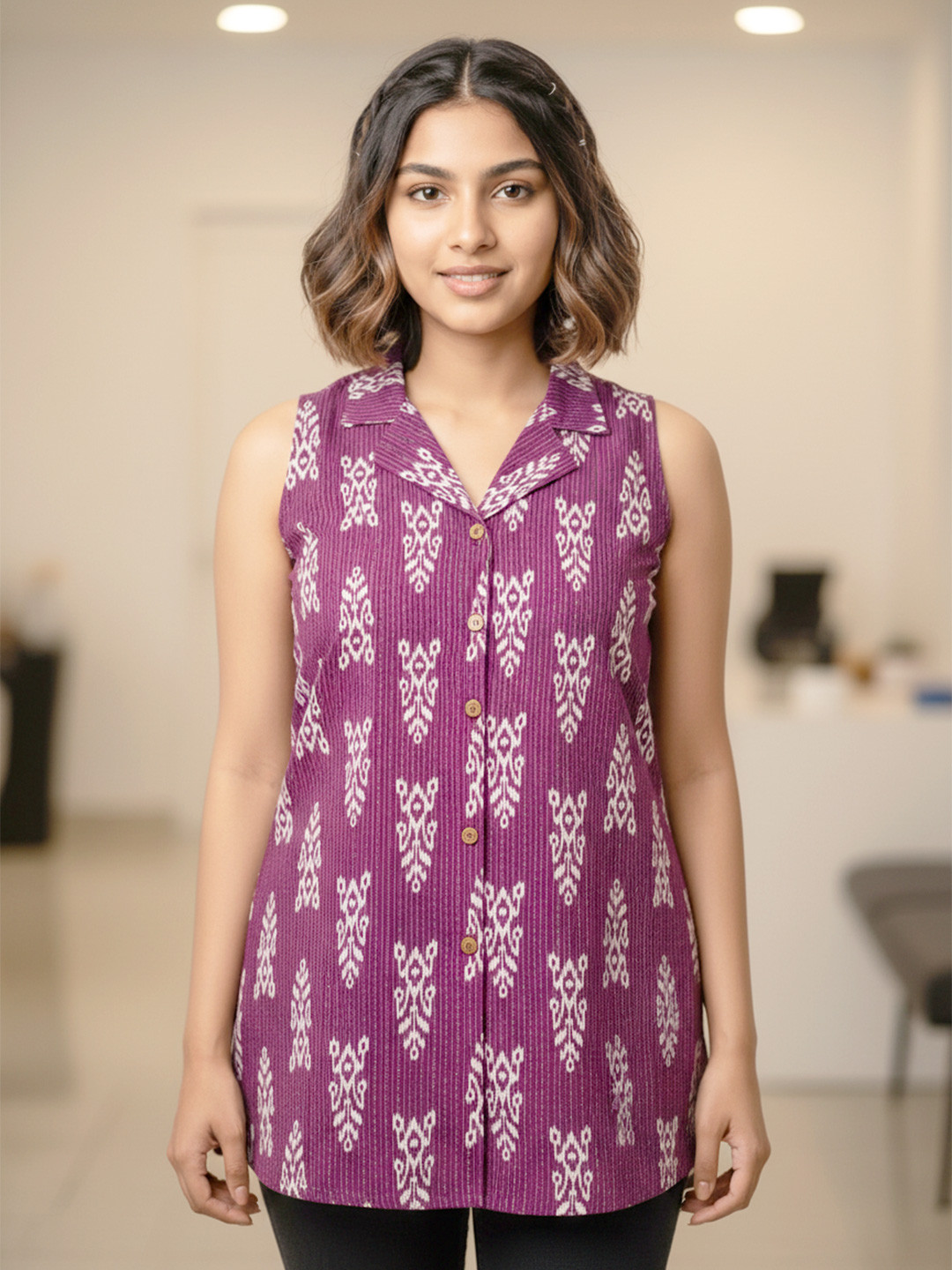 EthniFlair Ethnic Motifs Printed Shirt Collar Pure Cotton Kurti