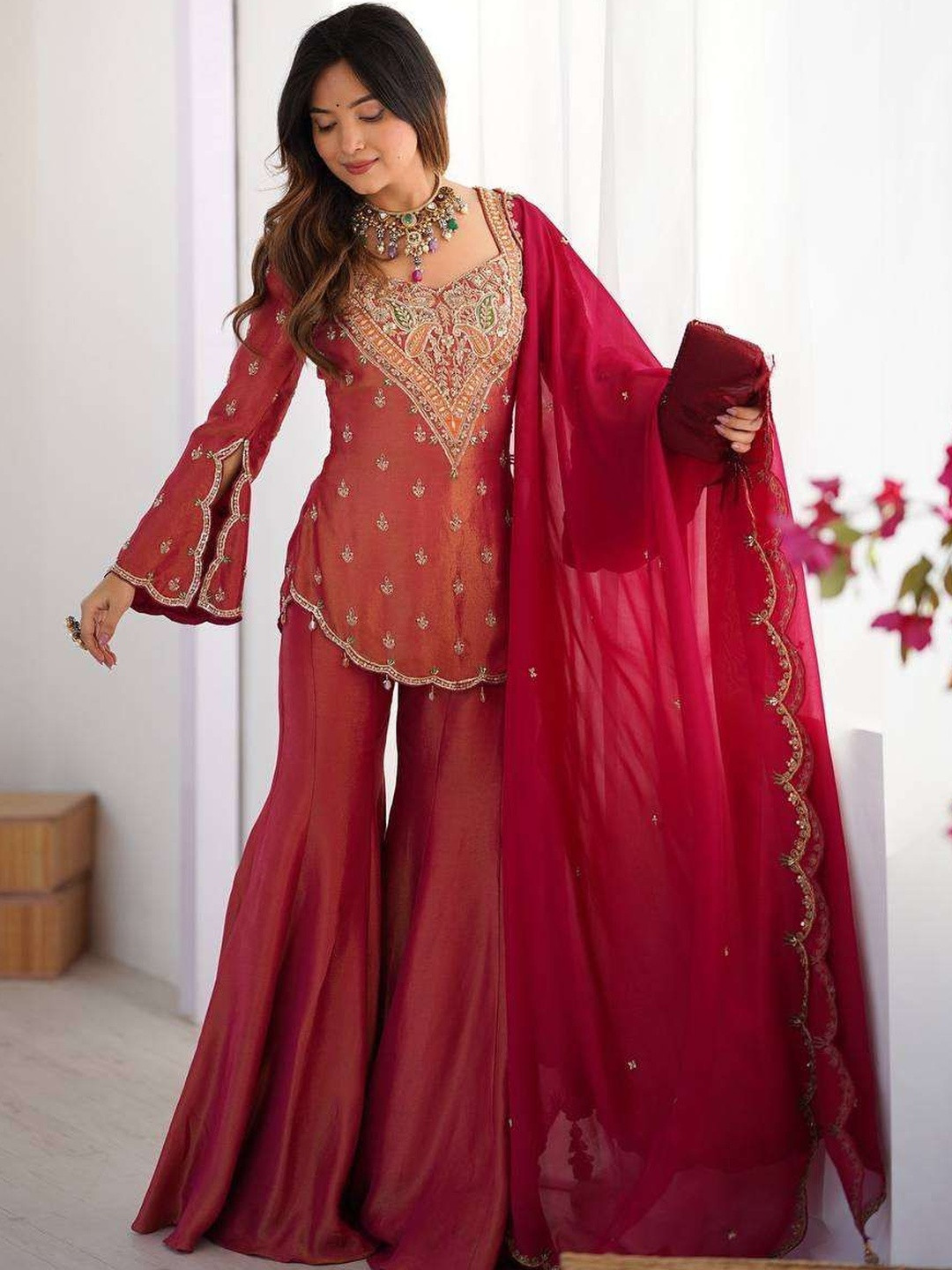 Tilki Women Embroidered Silk Georgette Kurti with Palazzos & With Dupatta