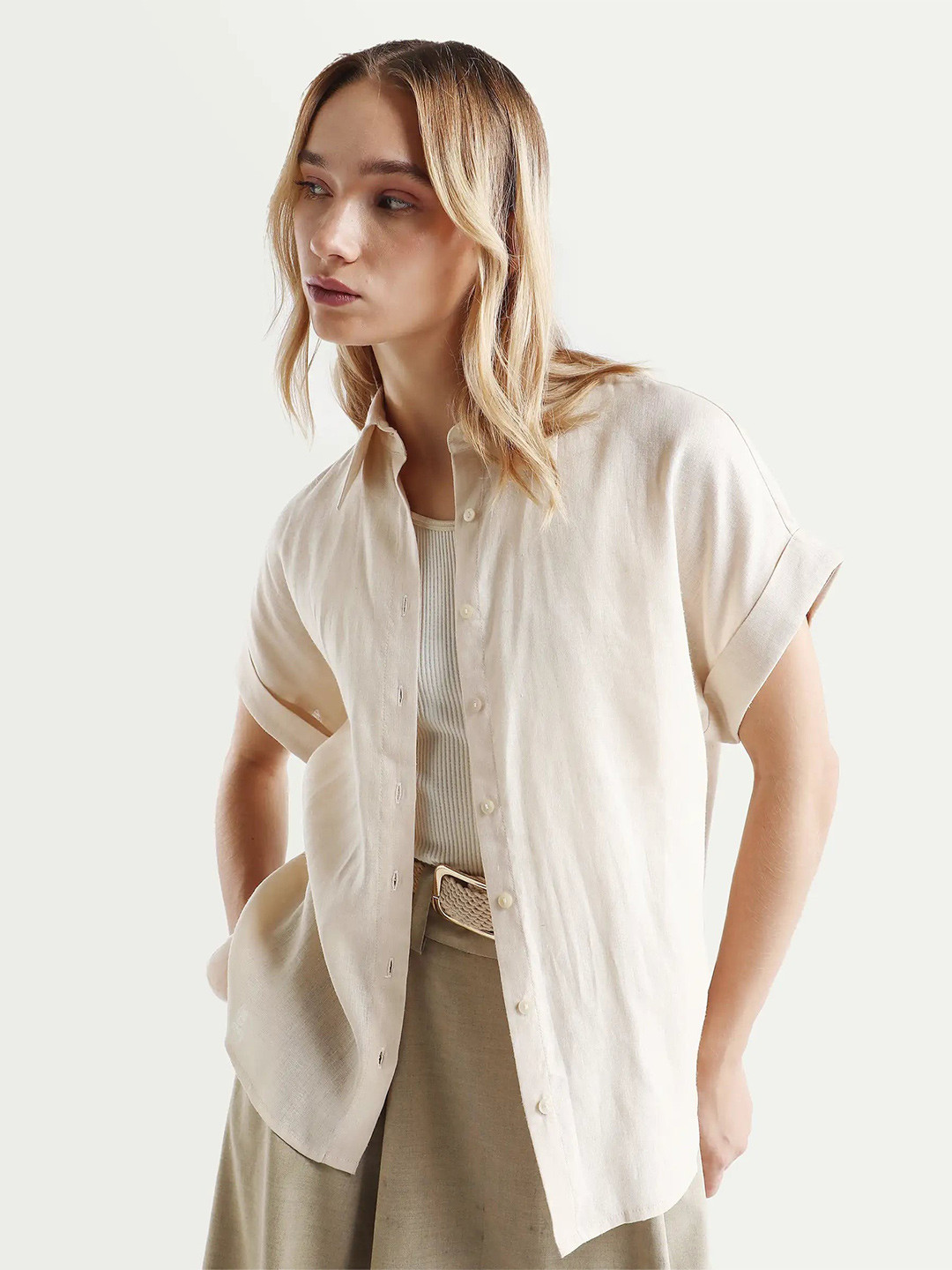 RAREISM Women Beige Relaxed Plain Half Sleeve Spread Collar Shirt