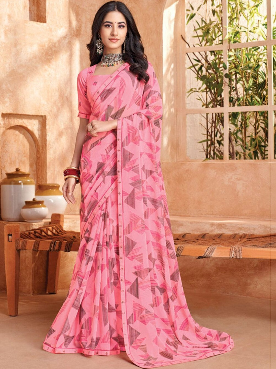 Vishal Prints Flamingo Pink Printed Georgette Fancy Border Sarees