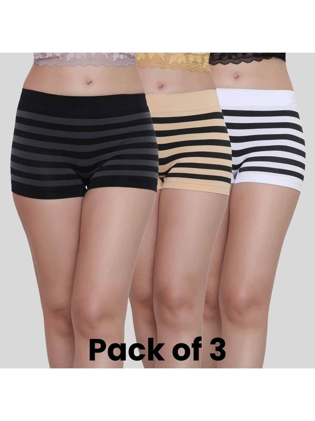 Glamoras Women Pack of 3 Striped Anti Microbial Seamless Boy Shorts