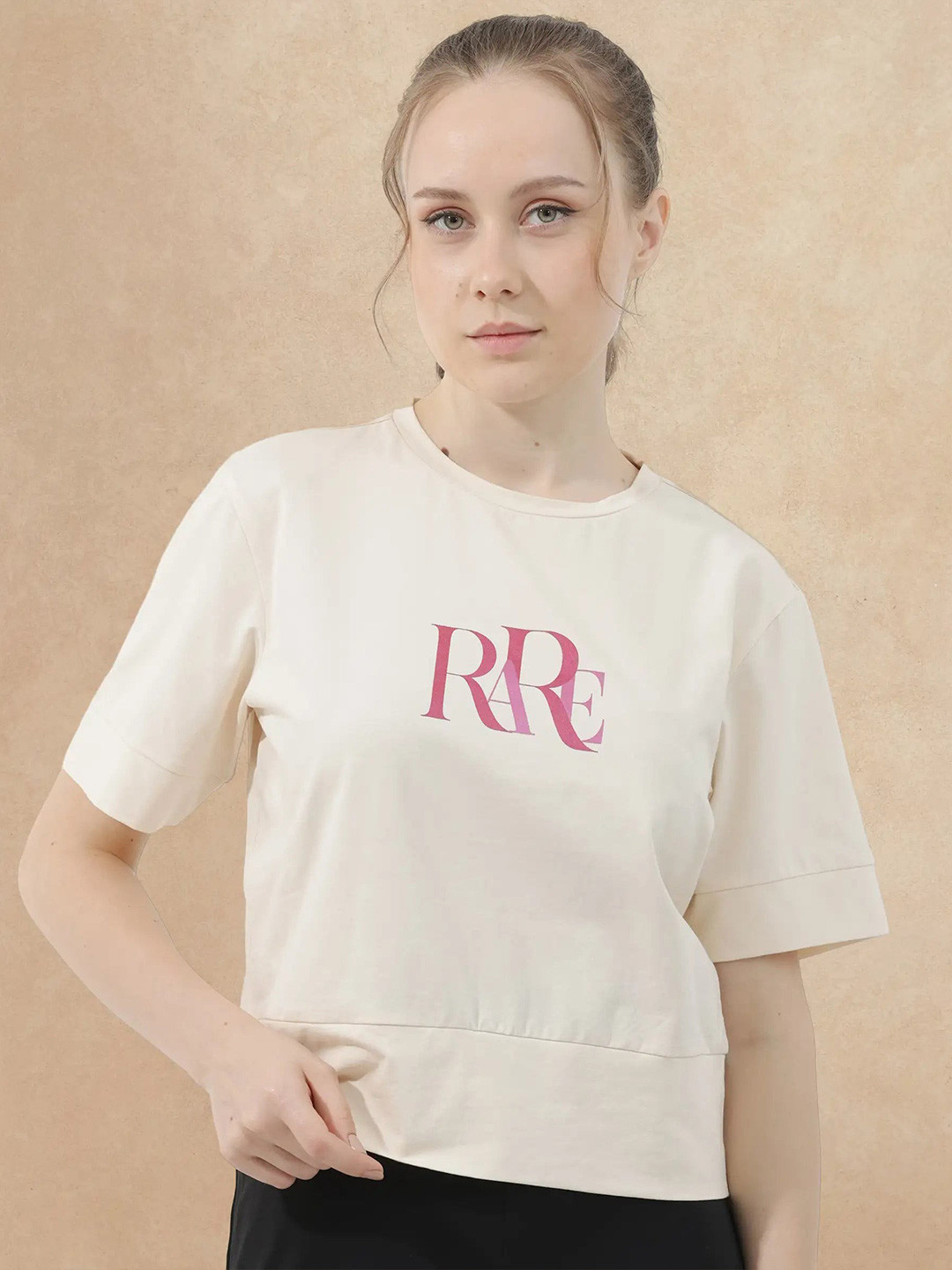 RAREISM Women Beige Graphic Print Regular Fit Half Sleeve Crew Neck T-Shirt