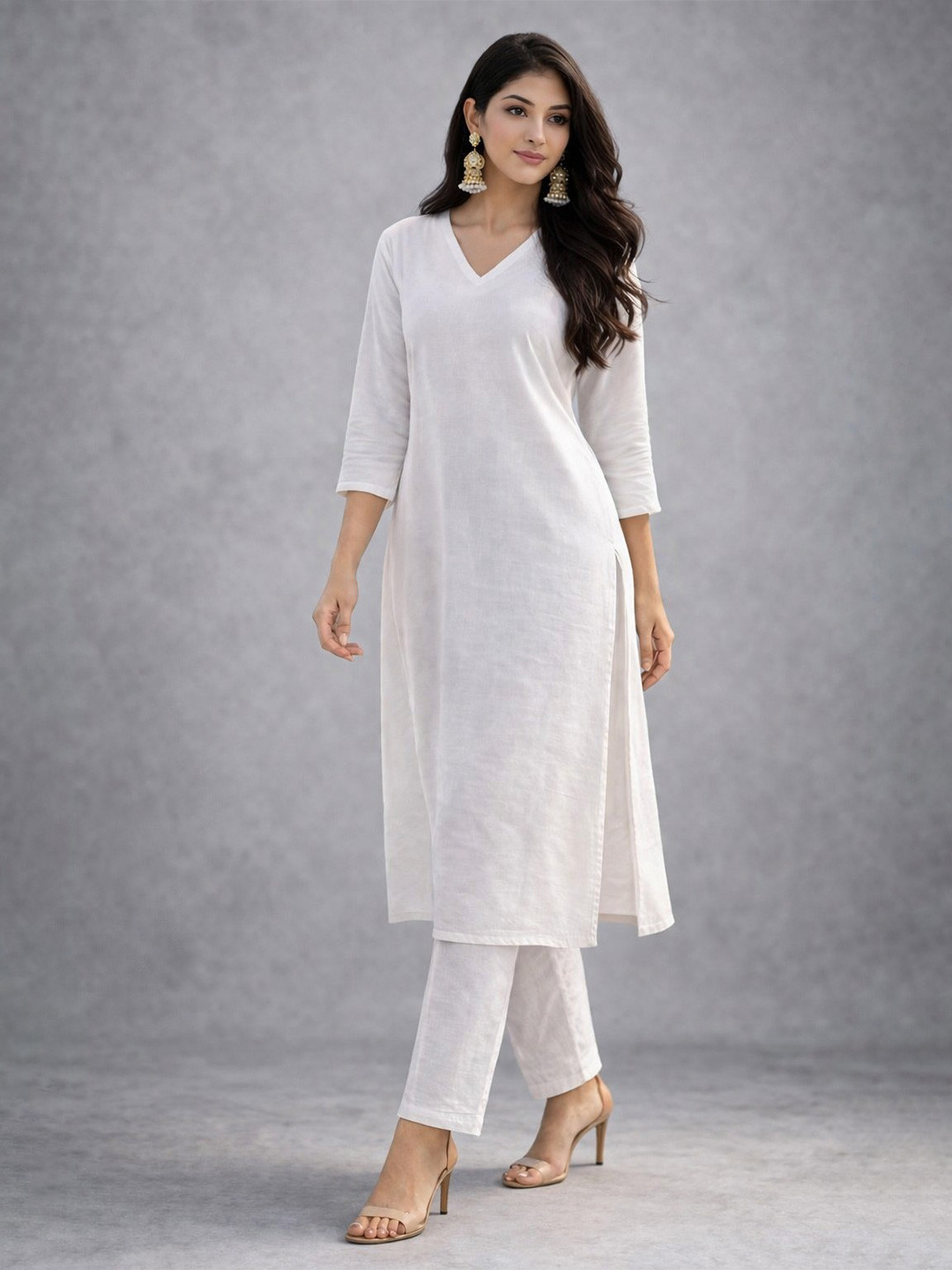 Lookmark Womens V Neck Three-Quarter Sleeves Straight Kurti