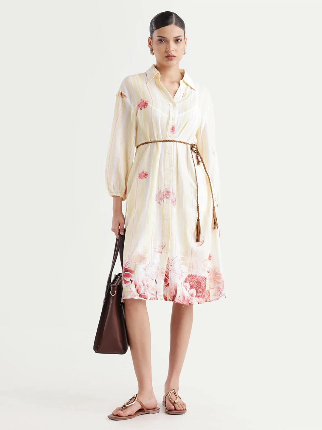 RAREISM Women Yellow A-Line Fit Regular Sleeve Spread Collar Dress