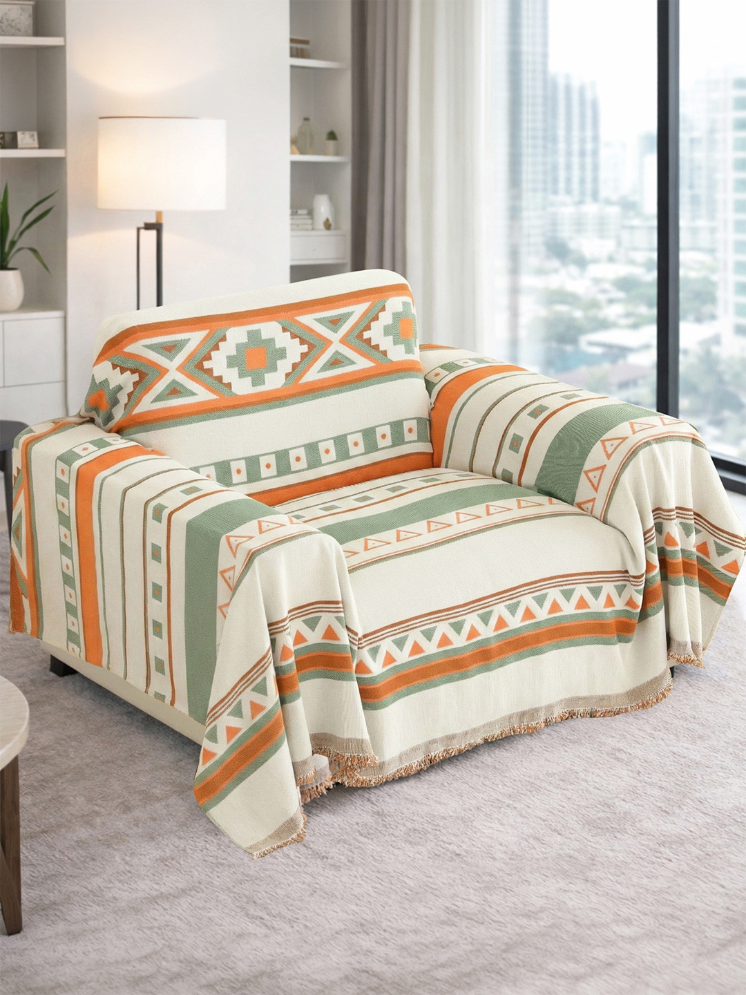 Story@home Off White & White Woven Design 1 Piece Sofa Cover