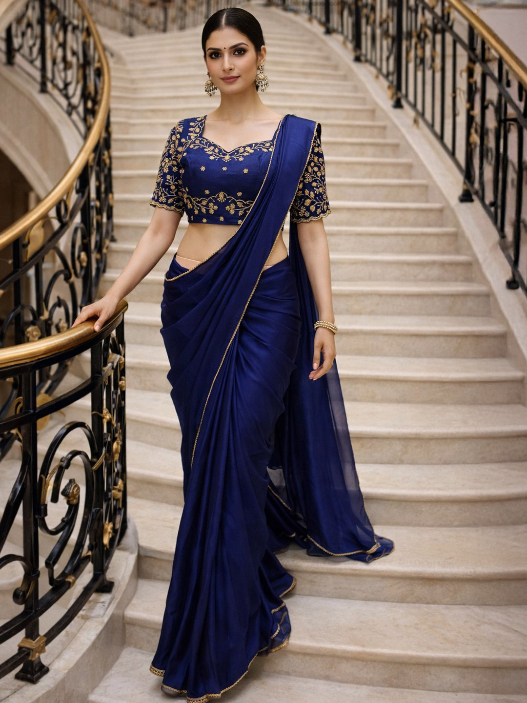 NANCY DESIGNER Women Festive Wedding Wear Chinon Designer Readymade Blouse Sarees