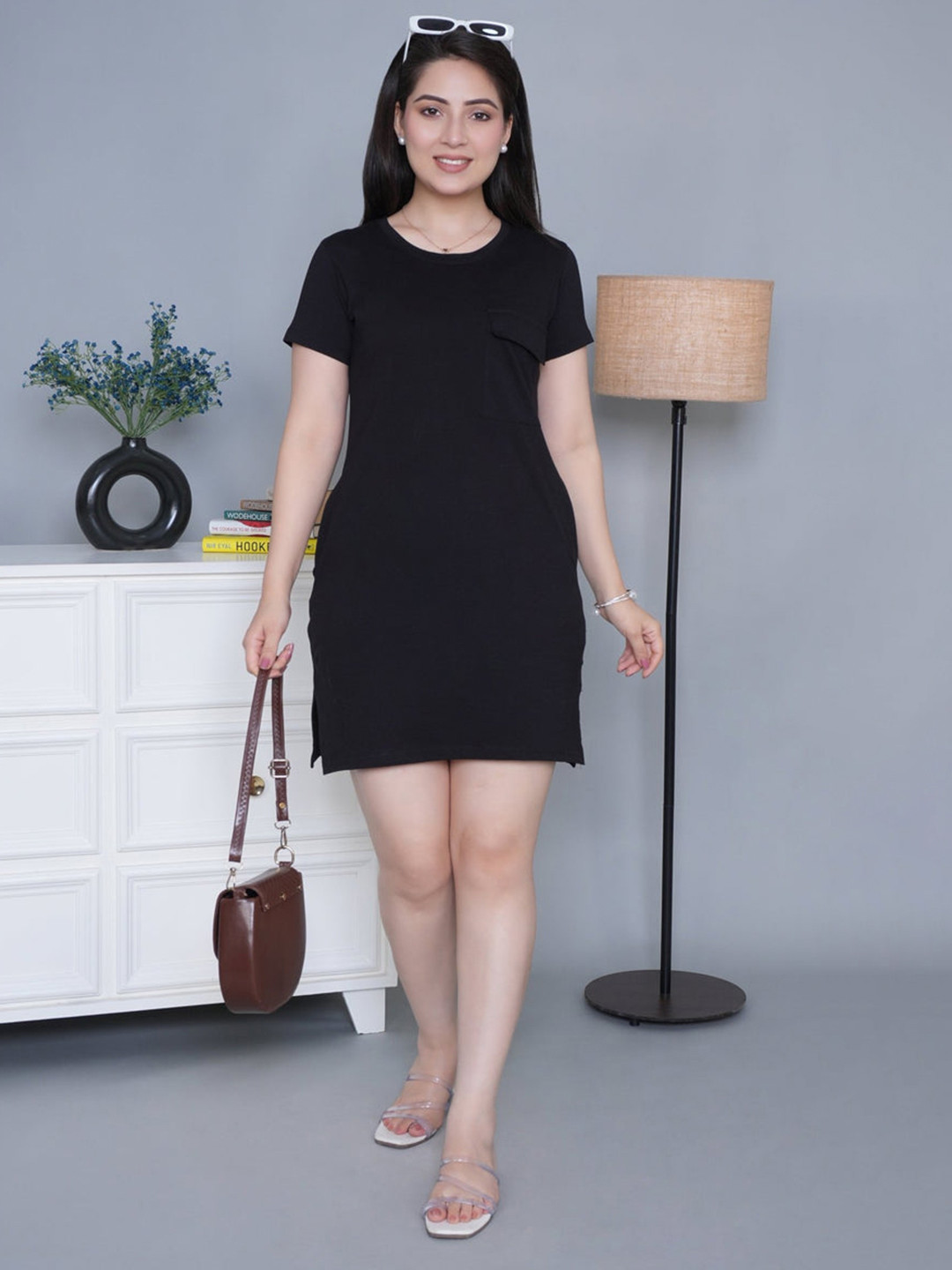 Mlada Women Round Neck Short Sleeves Solid Cotton Tshirt Dress with 2 Pockets
