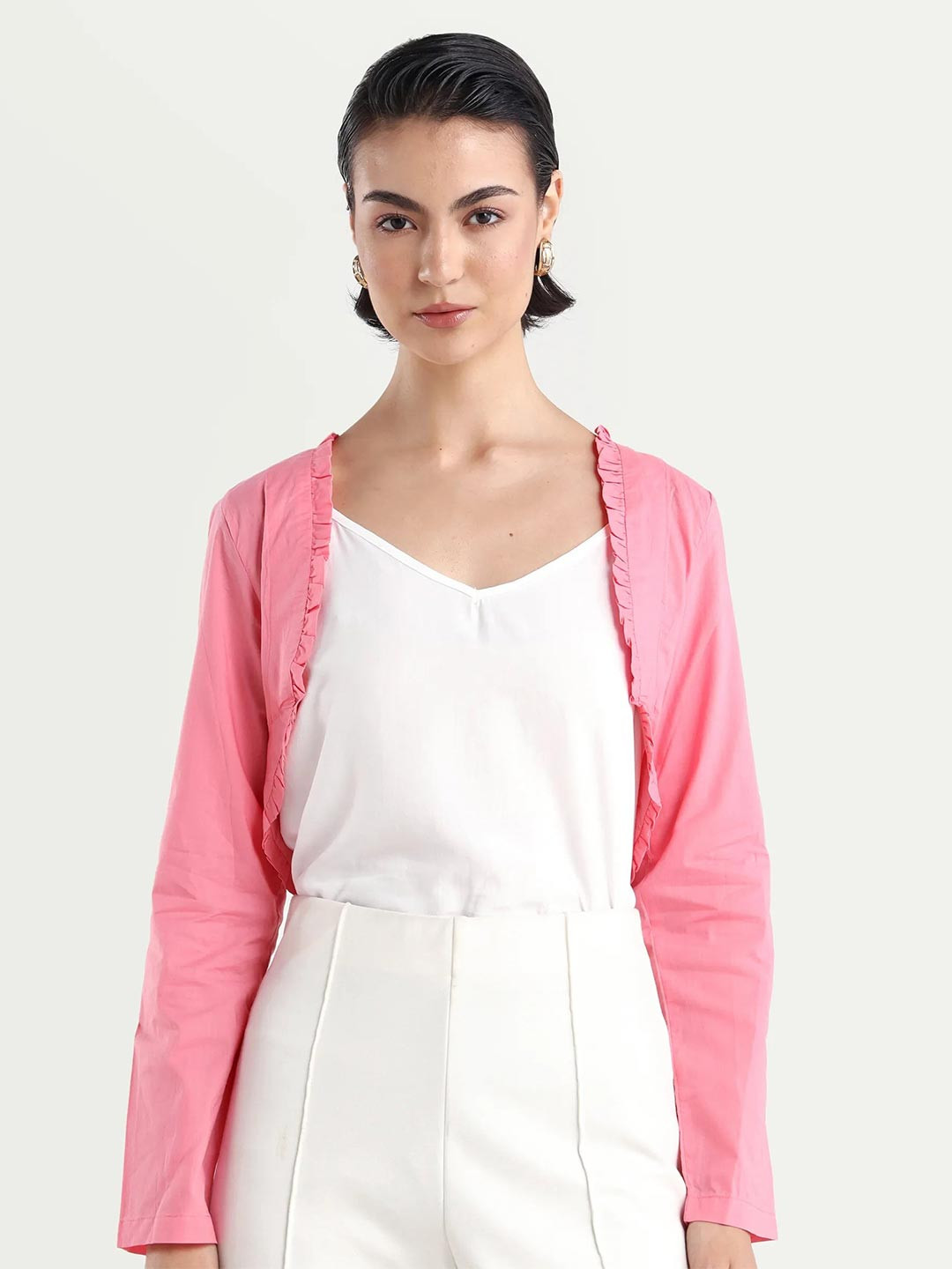 RAREISM Women Pink Plain Relaxed Fit Full Sleeve V-Neck Shrug