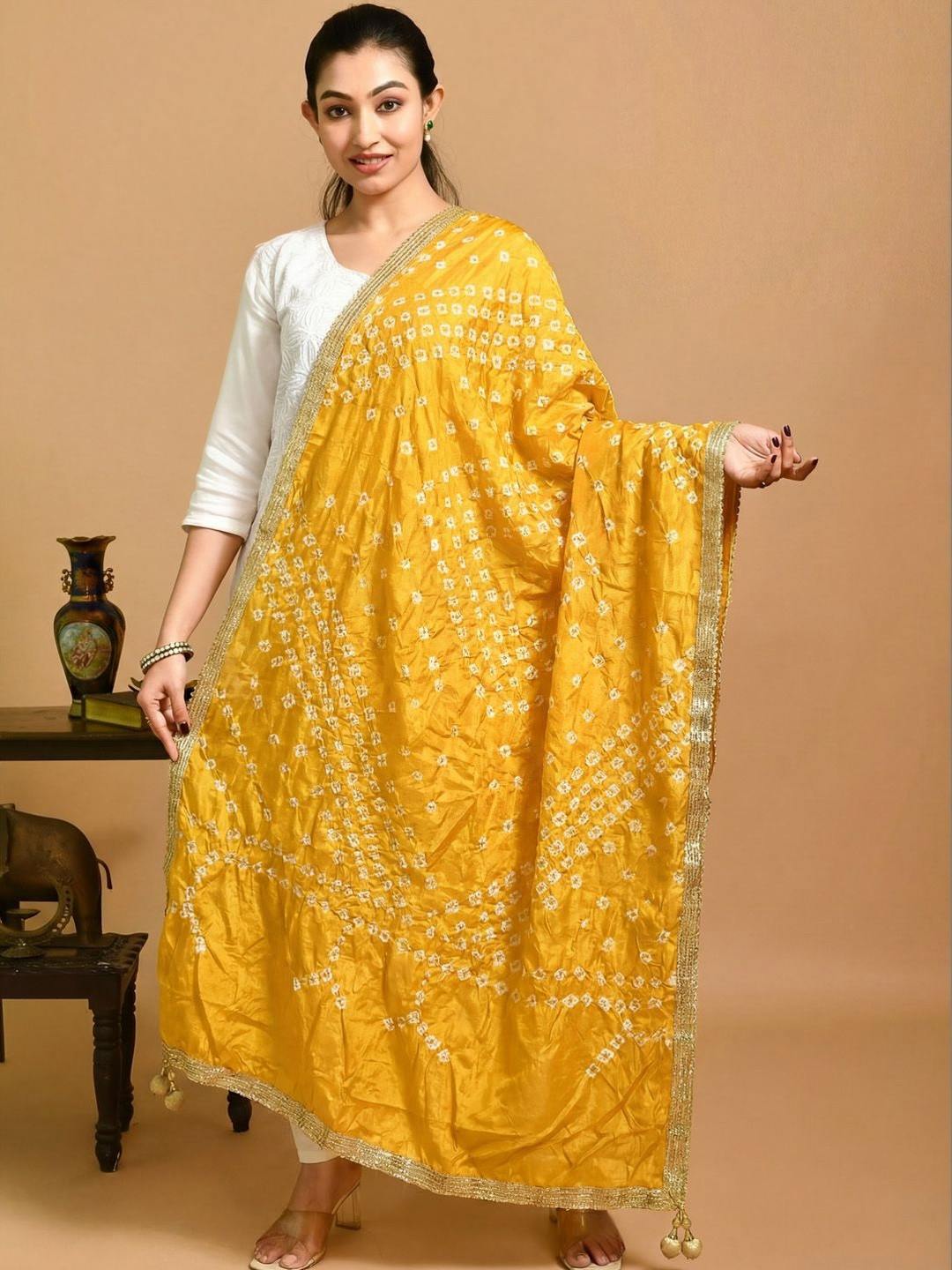 Clora Creation Dyed Bandhani Dupatta with Gotta Patti