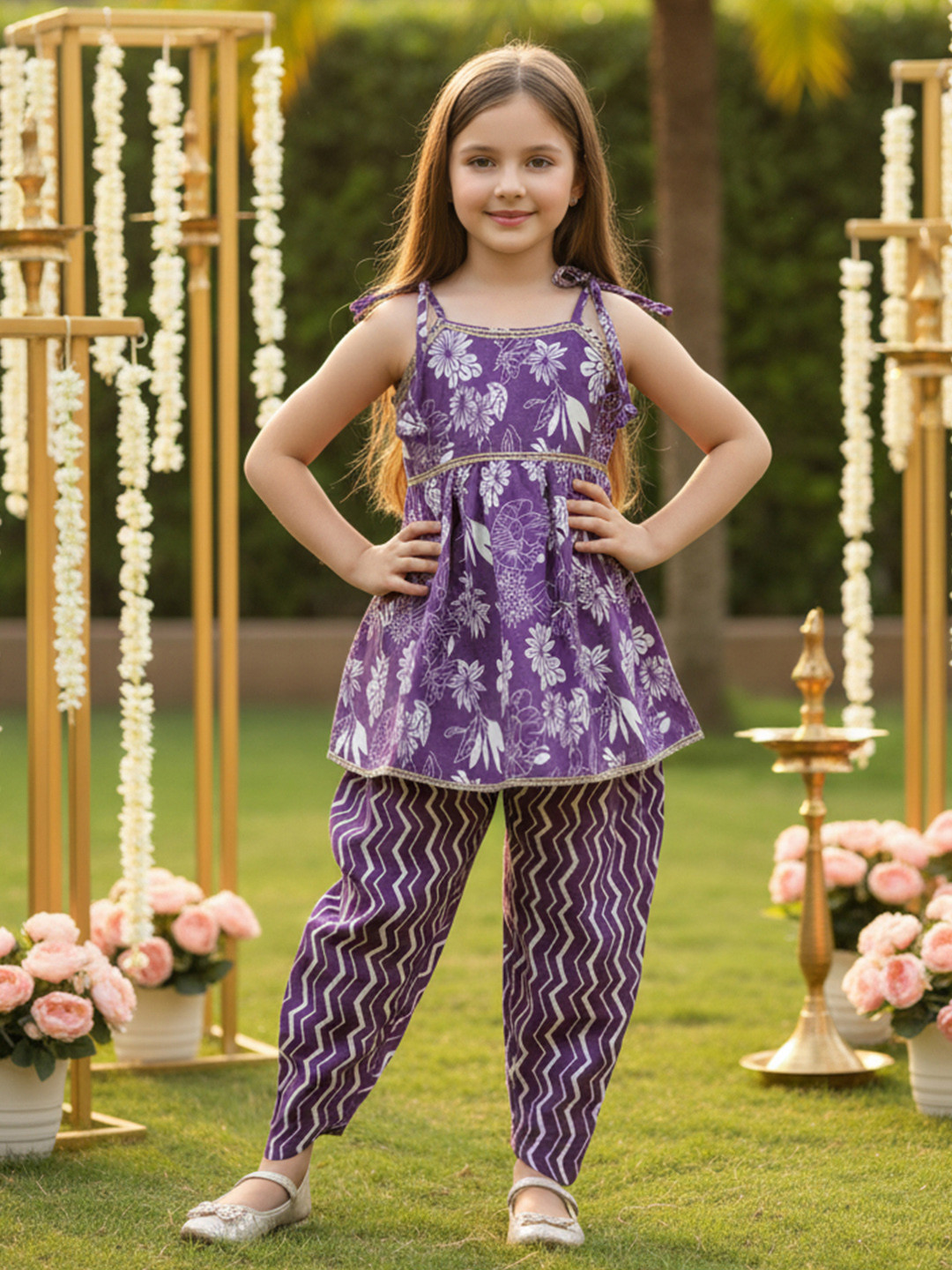 Cutiekins Girls Floral Printed Regular Pure Cotton Kurti with Dhoti Pants
