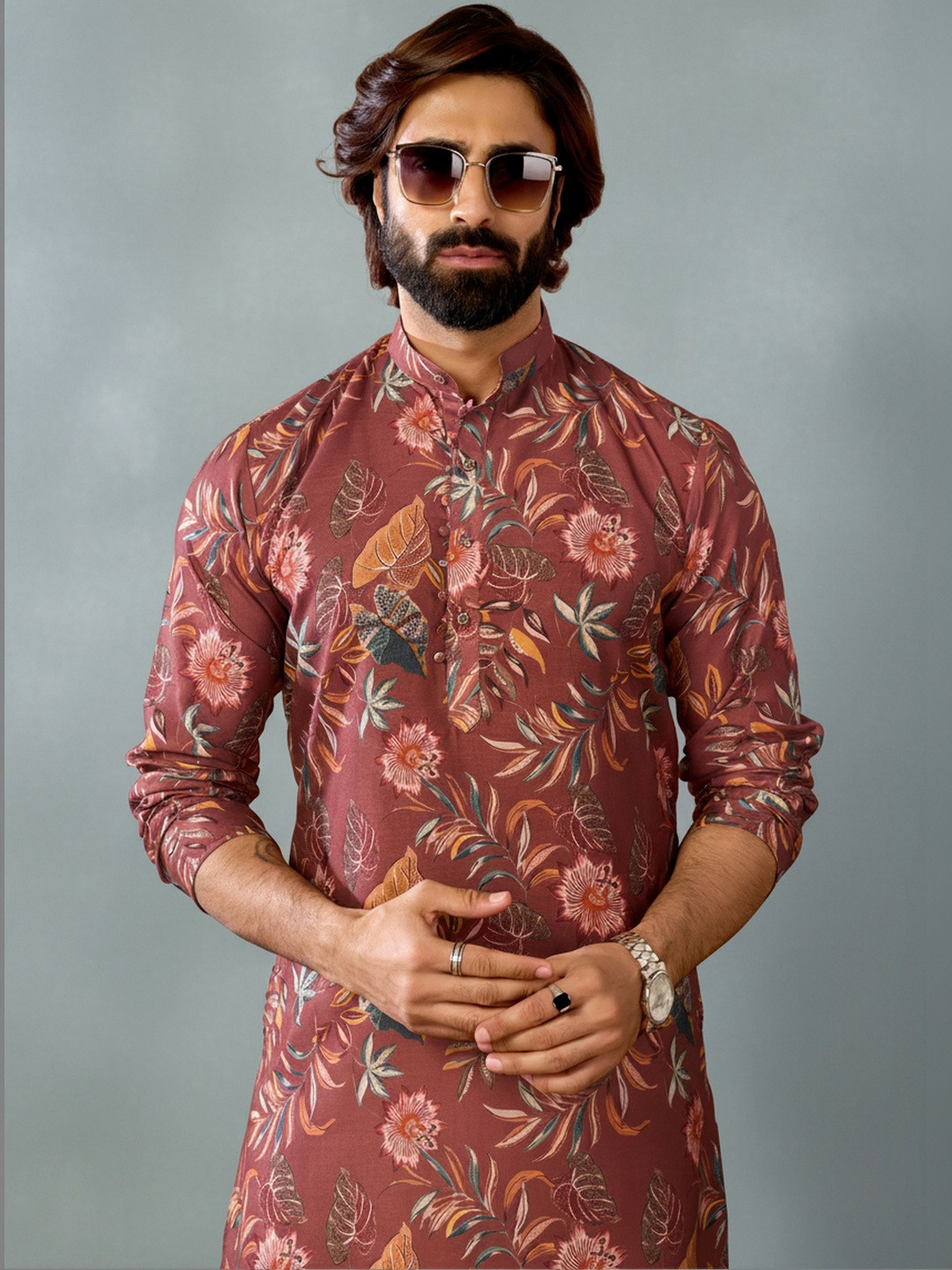 INDIROOP Men Floral Printed Regular Kurta with Pyjamas