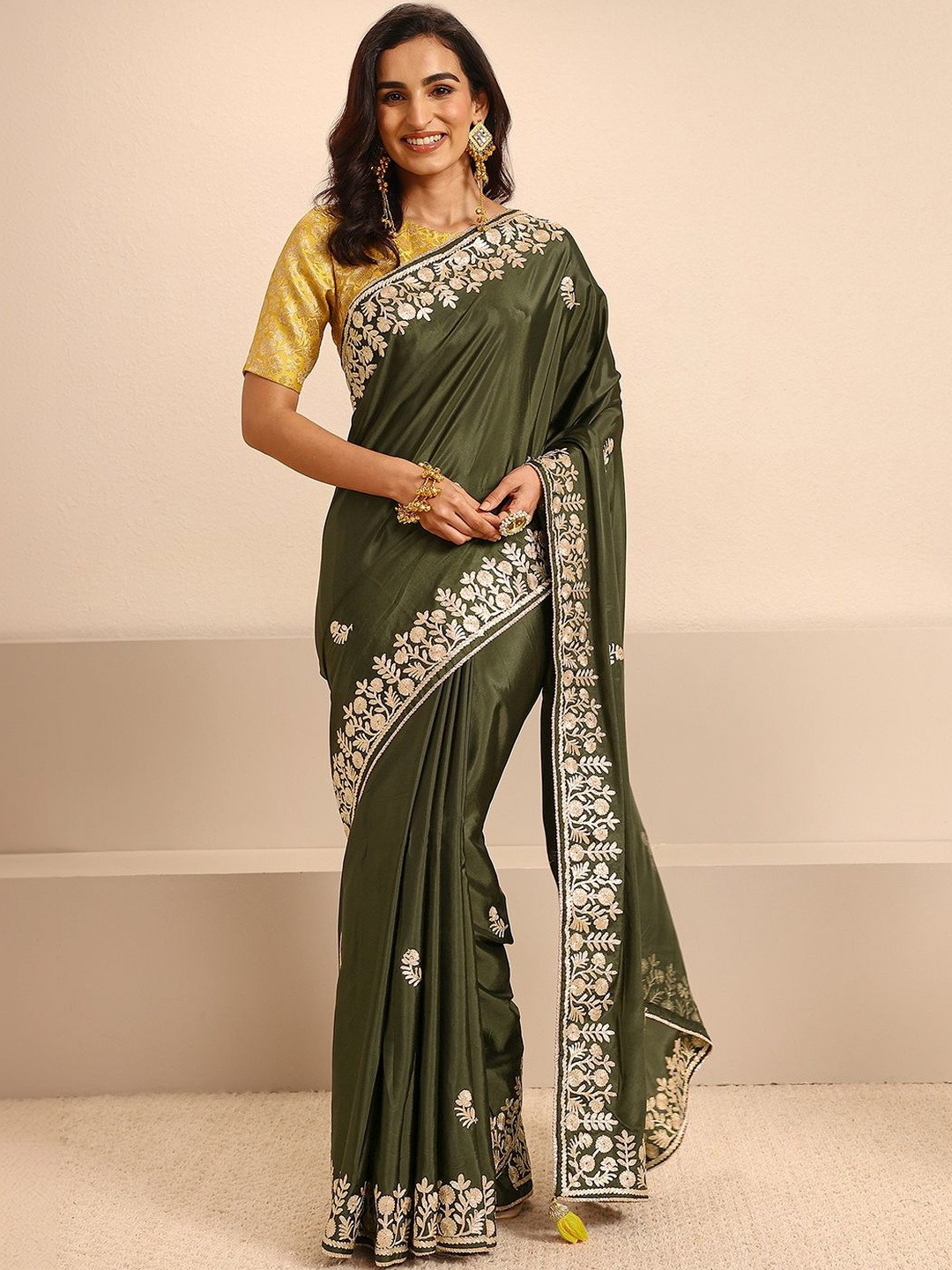 Libas Olive Green Embroidered Saree with Unstitched Blouse Piece