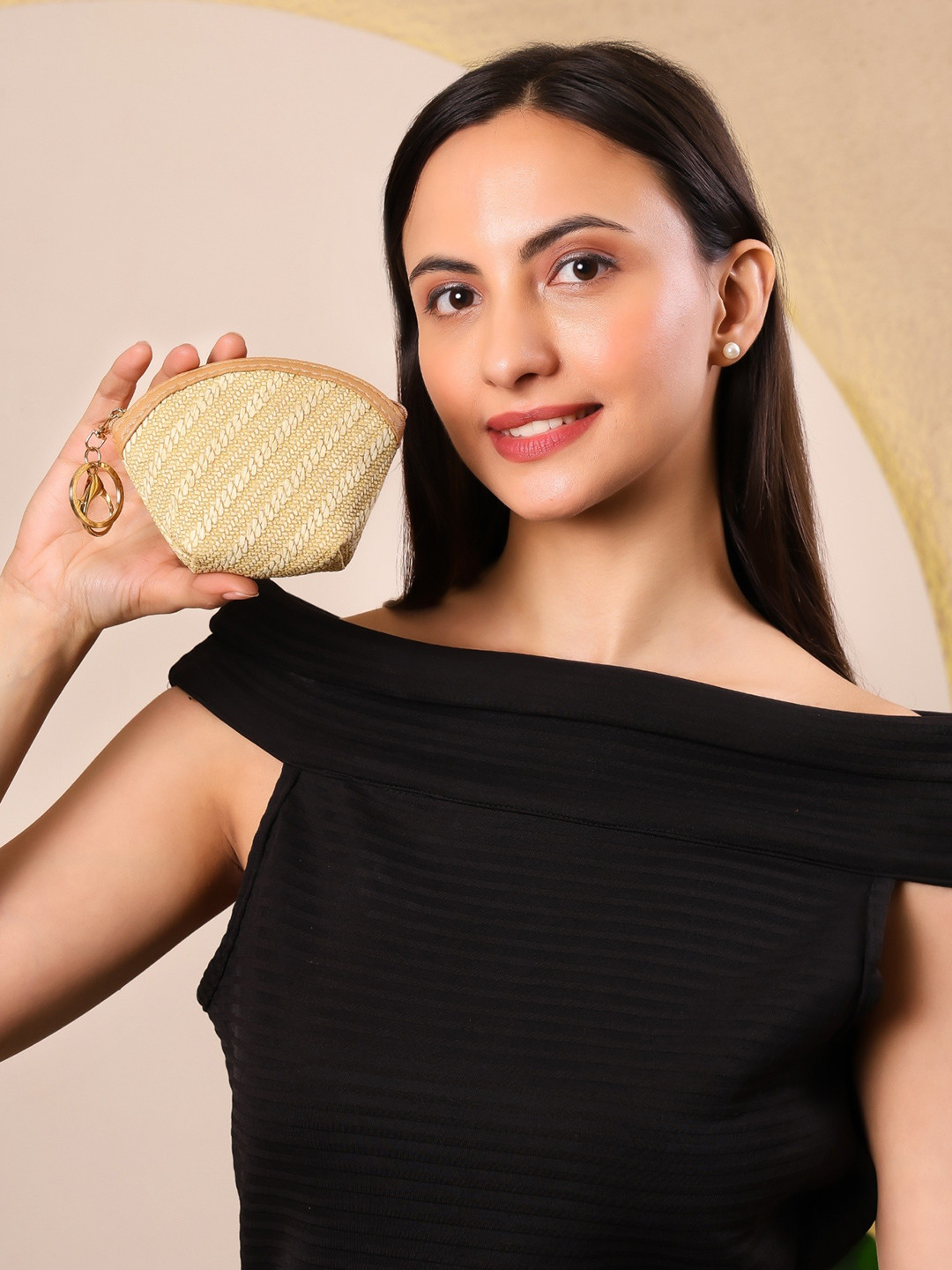 Abbana Beige Sustainable Jute Mini Utility Coin Pouch Handbag for Women