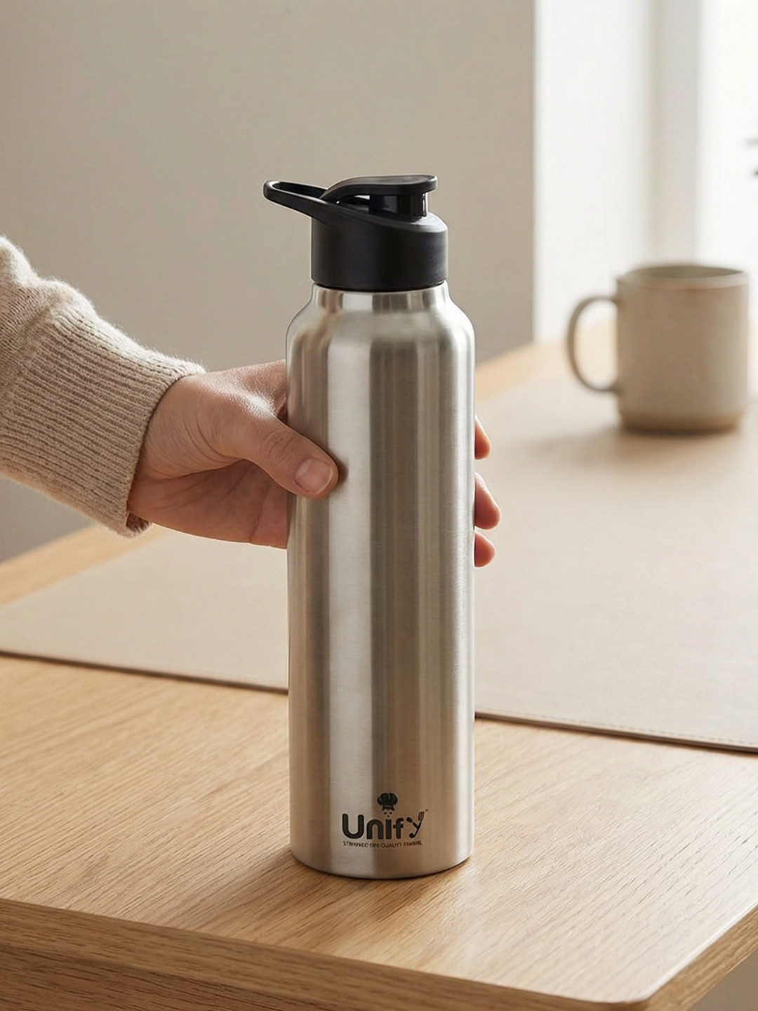 Unify Silver-Toned Single Stainless Steel Brand Logo Single Wall Vacuum Water Bottle