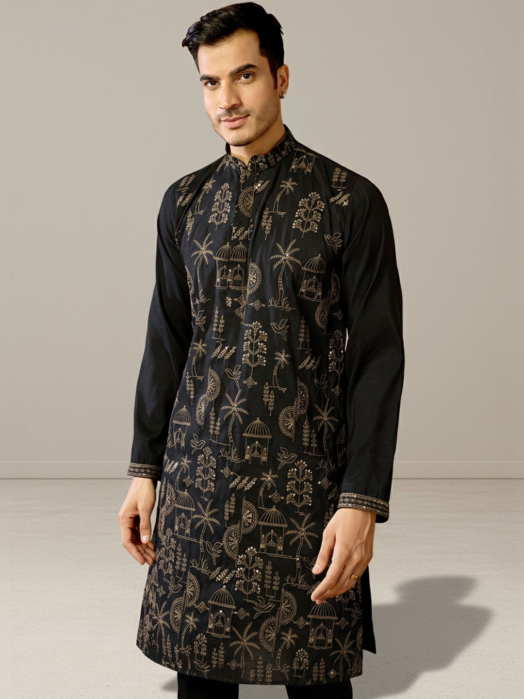 INDIROOP Men Ethnic Motifs Embroidered Regular Sequinned Pure Silk Kurta with Trousers