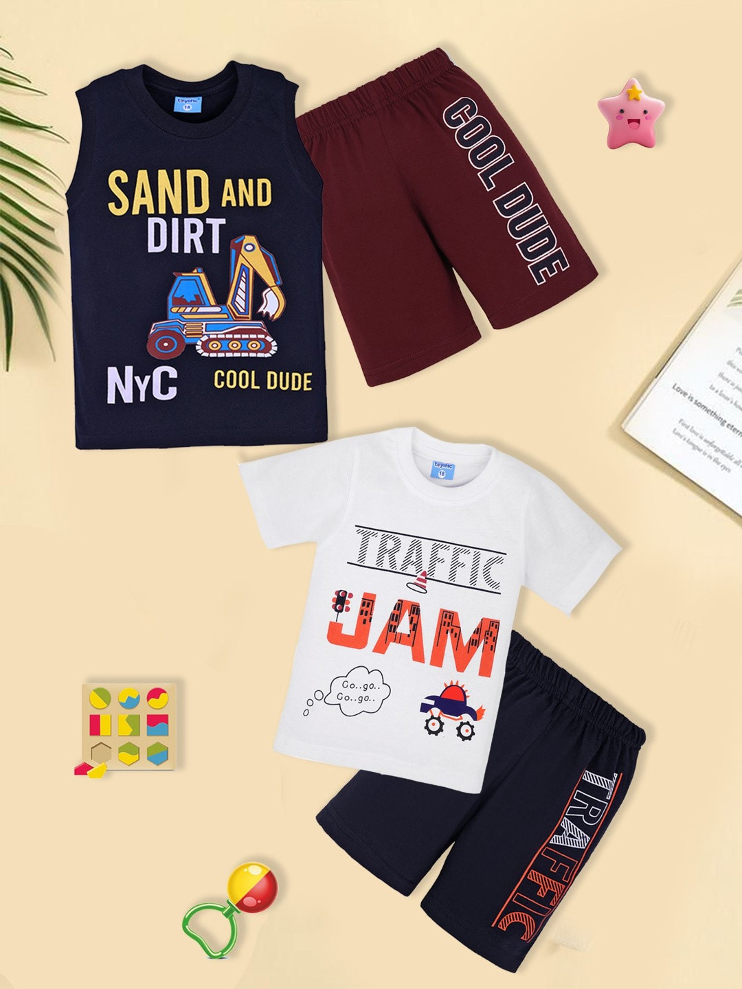 toyific Unisex Kids Pack of 2 Printed T-shirt with Shorts