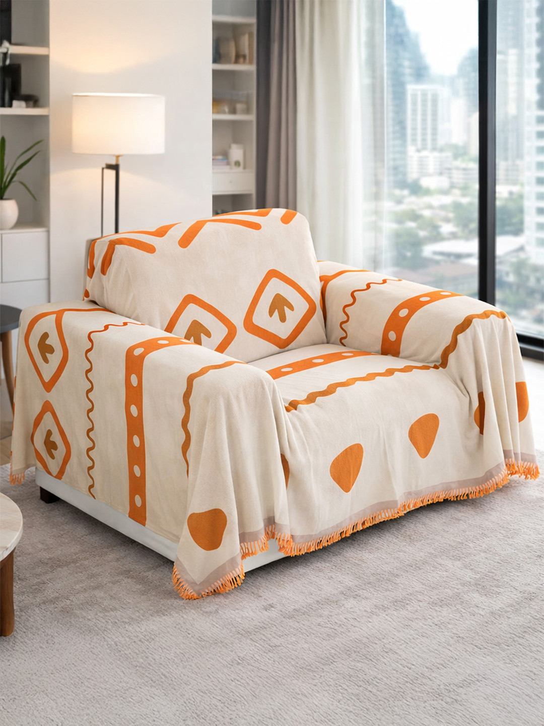 Story@home Off White & Cream-Coloured Printed 1 Piece Sofa Cover