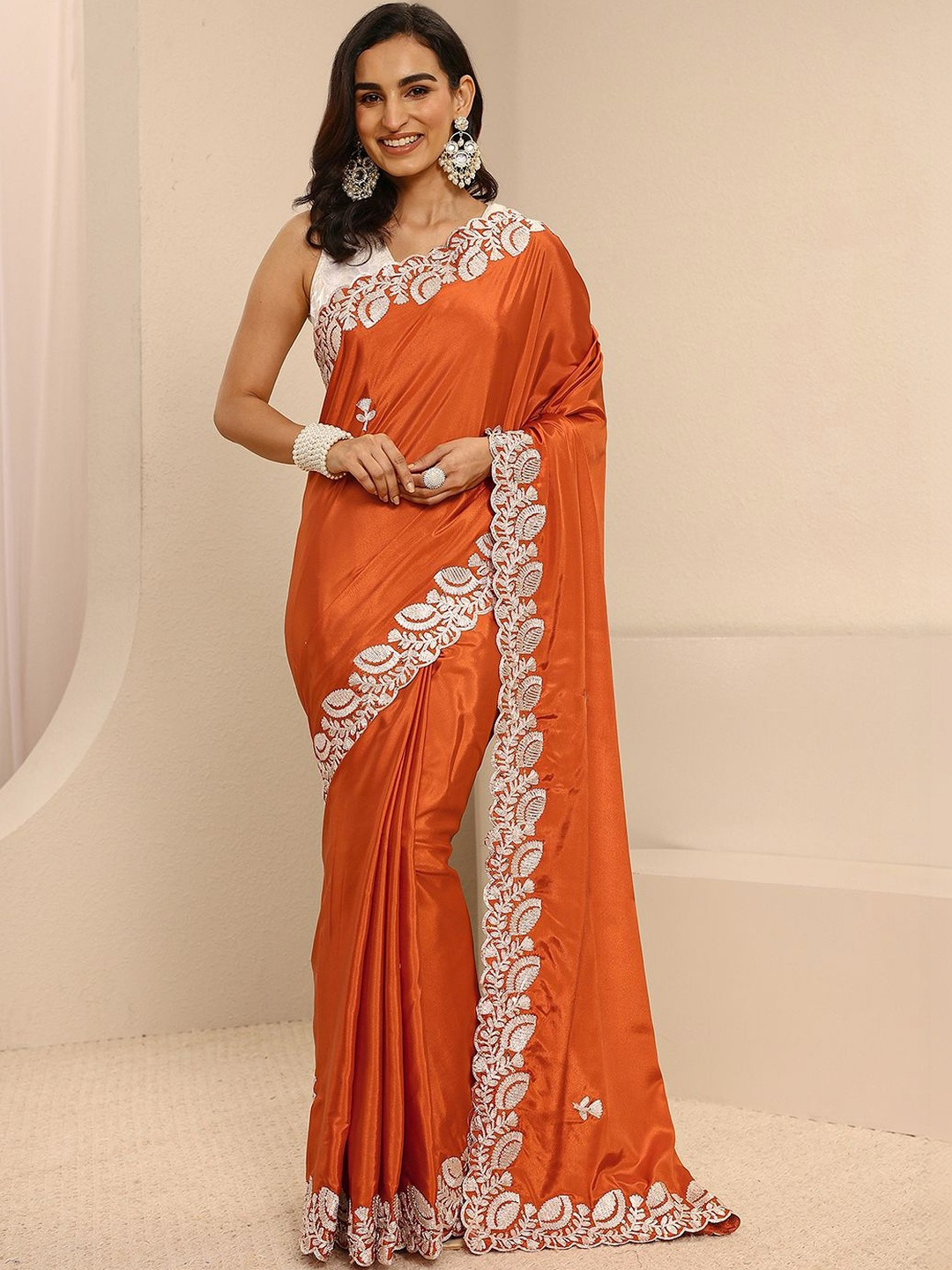 Libas Orange Embellished Saree with Unstitched Blouse Piece