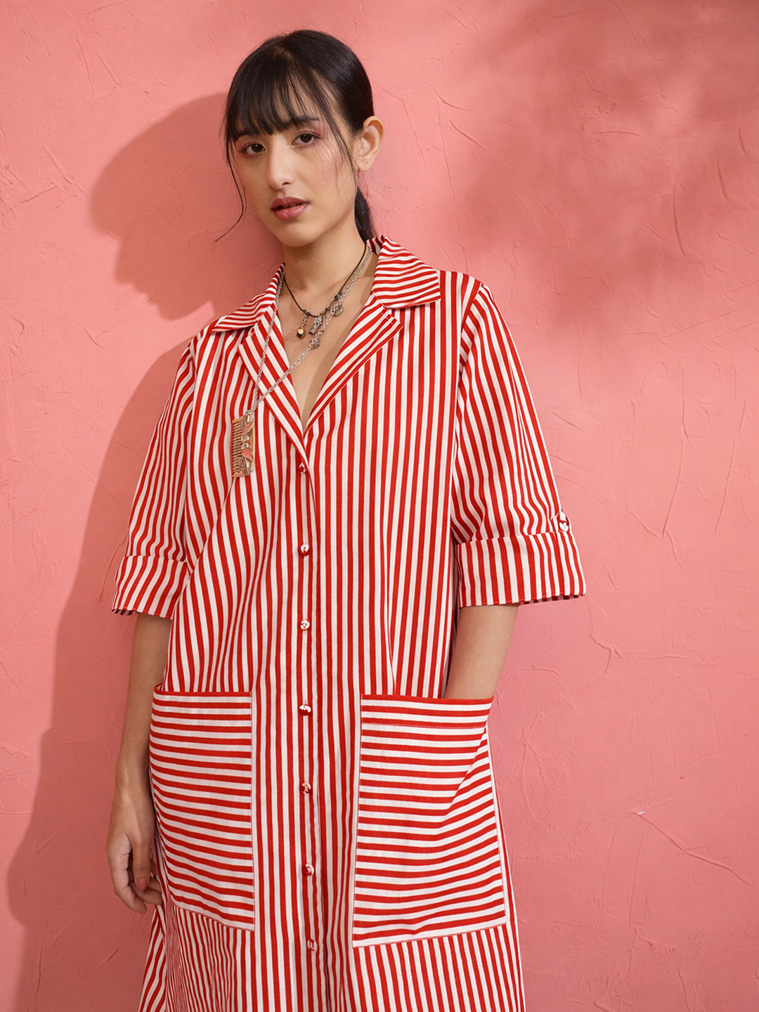 Pink Paprika by SASSAFRAS Red White Stripe Notch Collar Midi Dresses