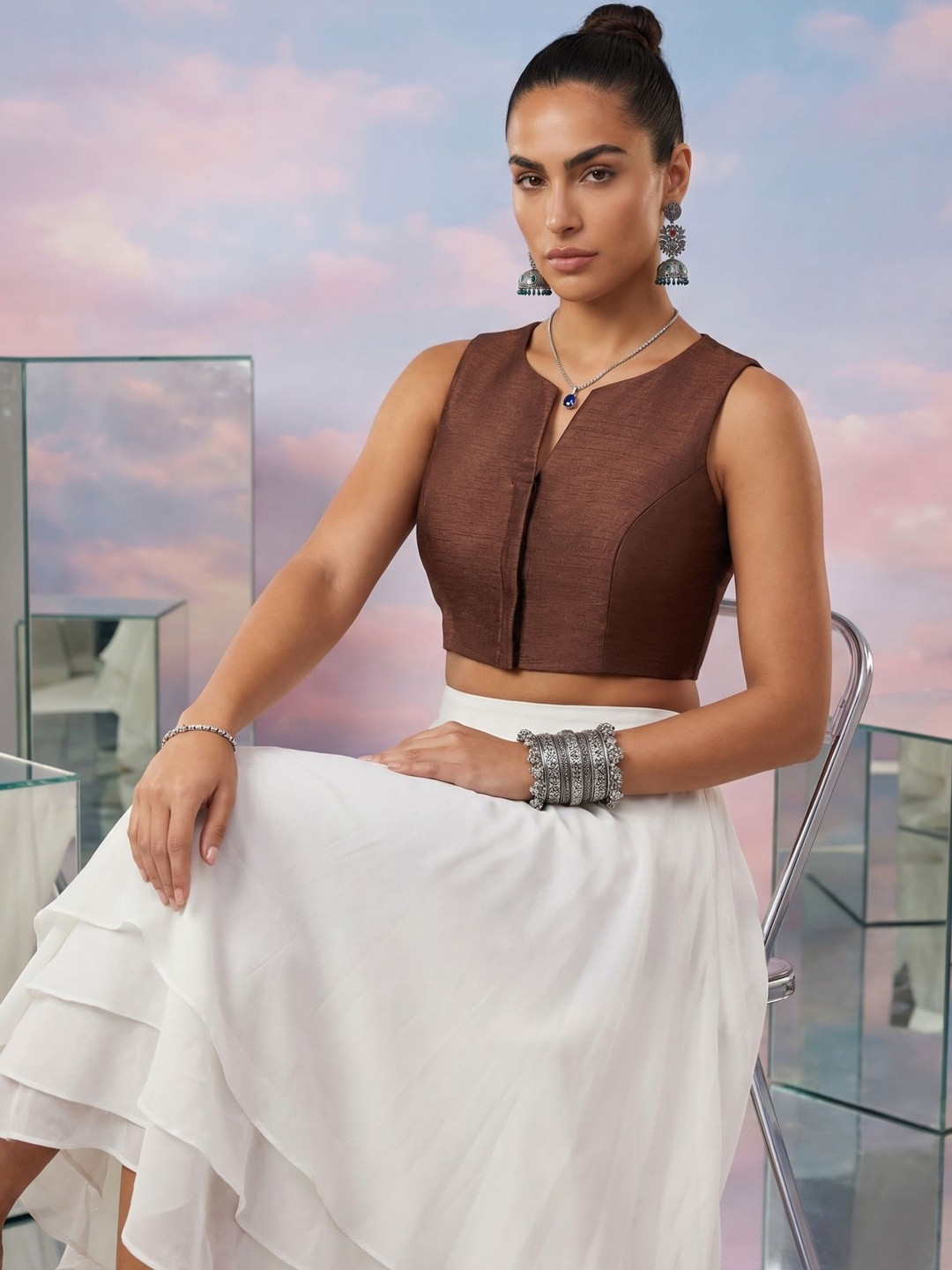 Aanyor Brown Silk V-Neck Front Hook & Eye Sleeveless Saree Blouse