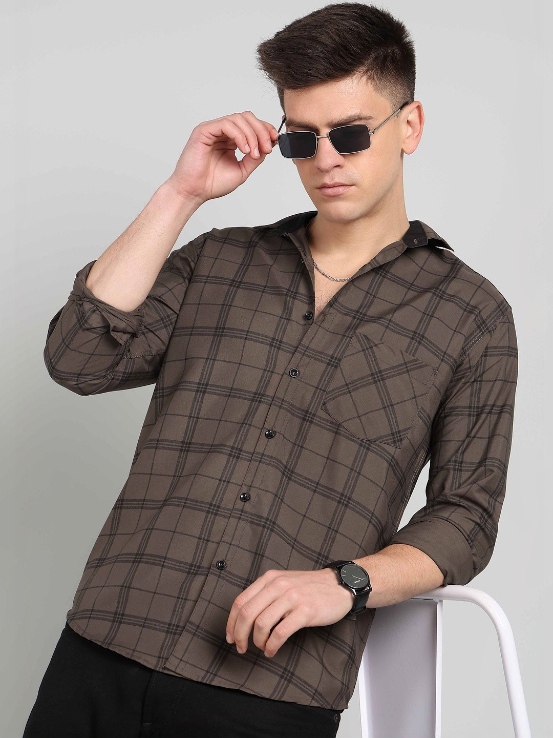Brown Windowpane Checked Casual Shirt