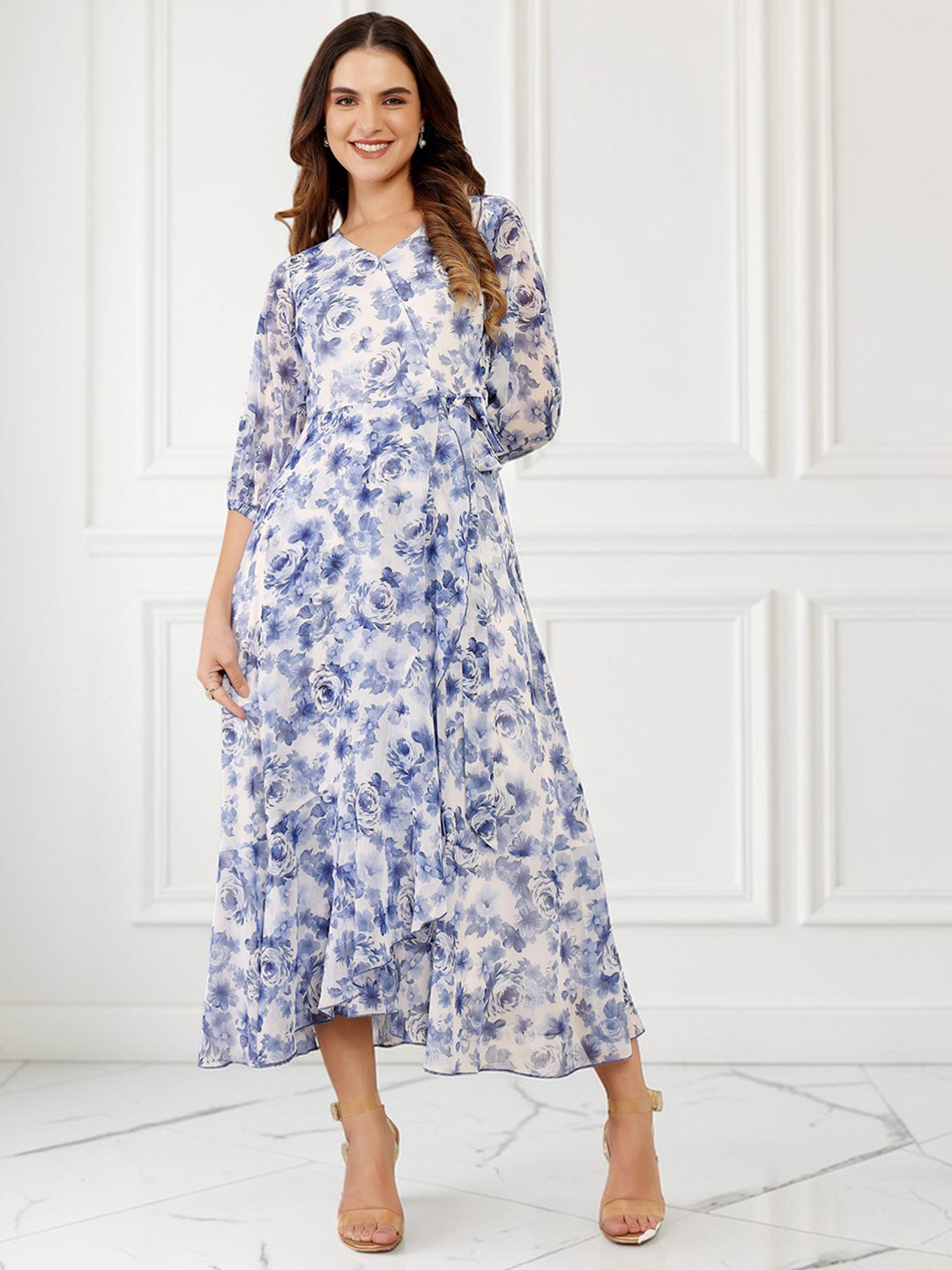 Miss Chase Women's White V-Neck Three-Quarter Sleeve Floral Wrap Chiffon Midi Dress