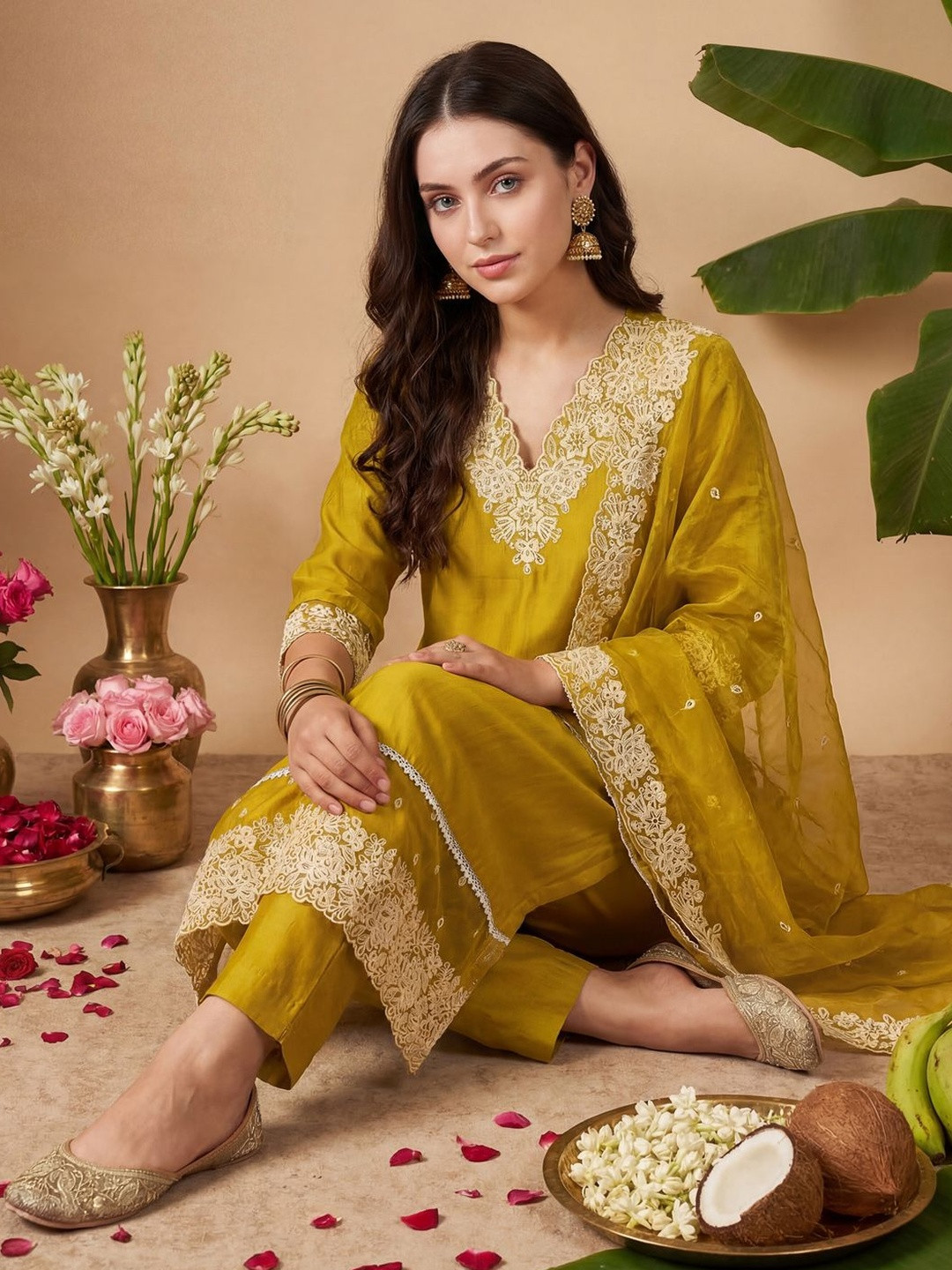 Indo Era Women Floral Embroidered Regular Thread Work Kurta with Trousers & With Dupatta