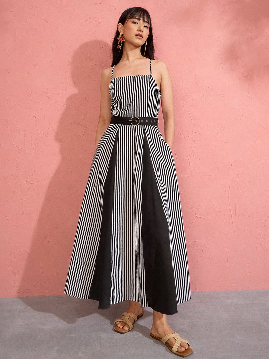 Pink Paprika by SASSAFRAS Black White Stripe Strappy Flared Midi Dresses