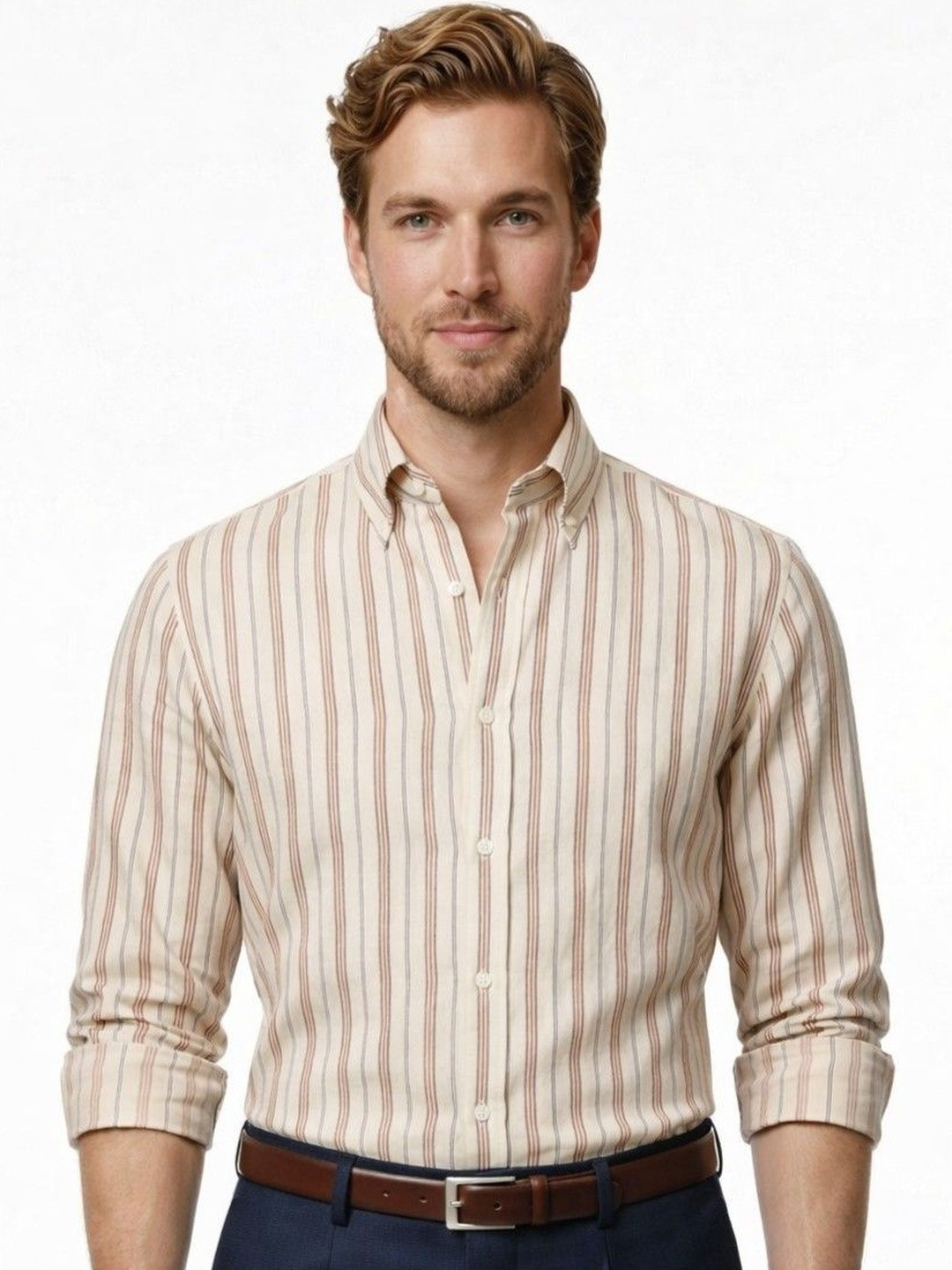 Foomer Men Vertical Striped Spread Collar Long Sleeves Cotton Casual Shirt