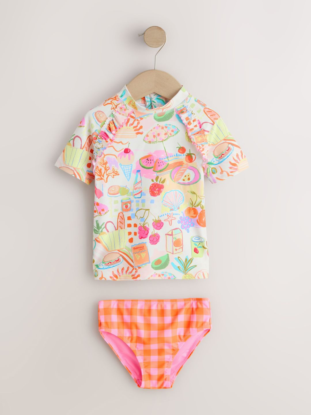 NEXT Girls Orange Picnic Scene Short Sleeved Frill Sunsafe Swim Set