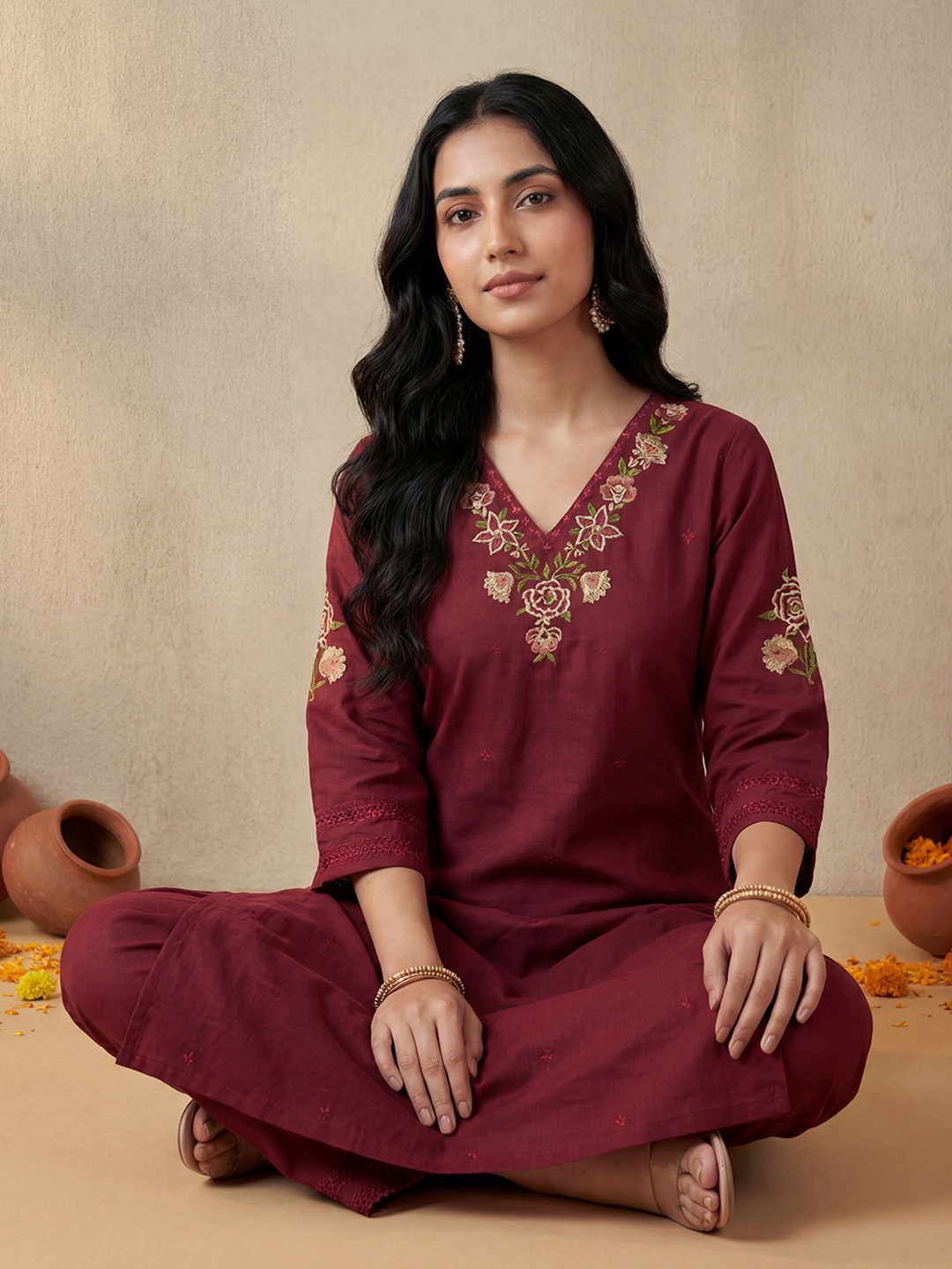 Indo Era Women Ethnic Motifs Embroidered Regular Thread Work Pure Cotton Kurta with Trousers