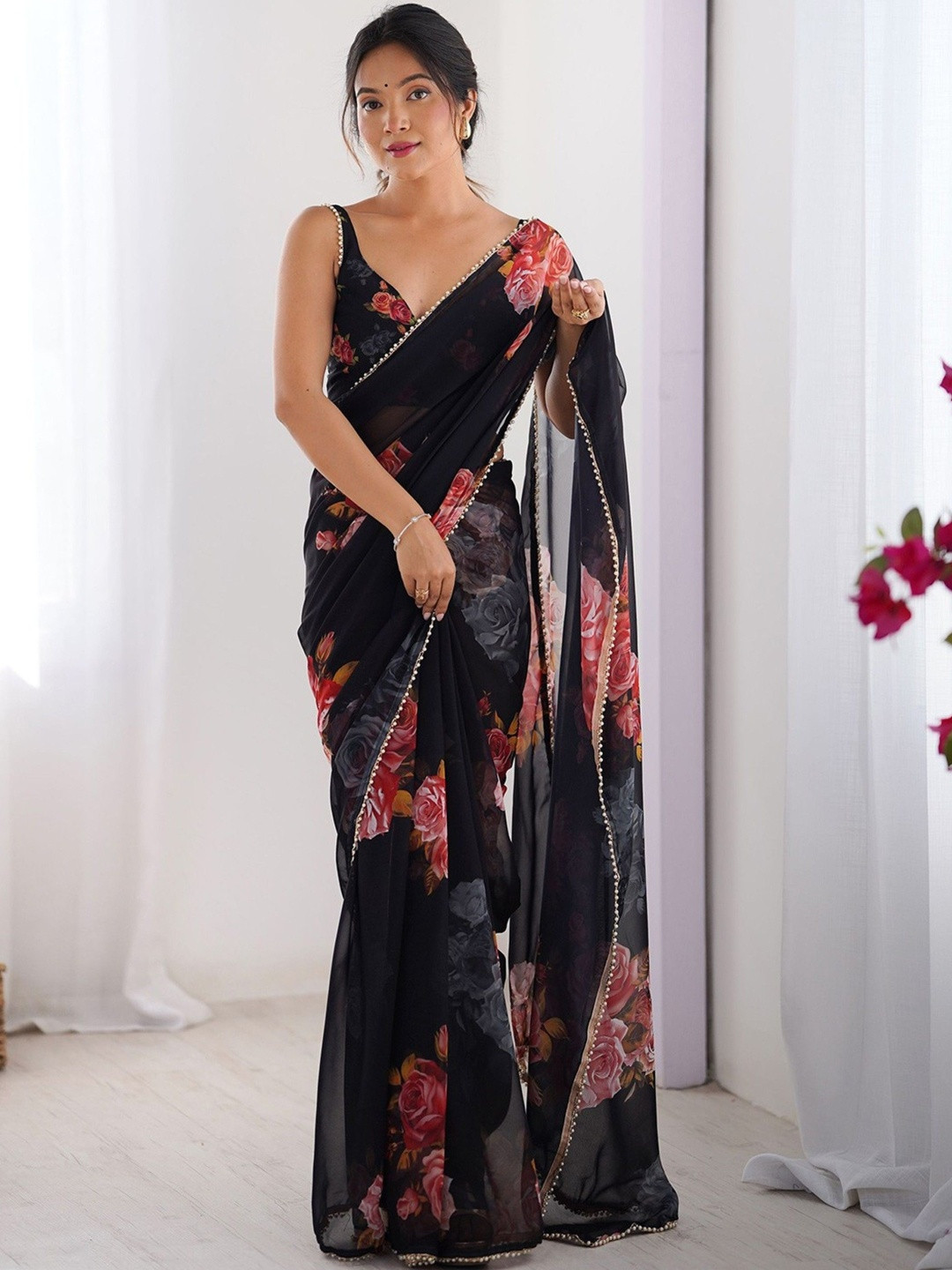 all about you Floral Beads and Stones Poly Georgette Designer Saree