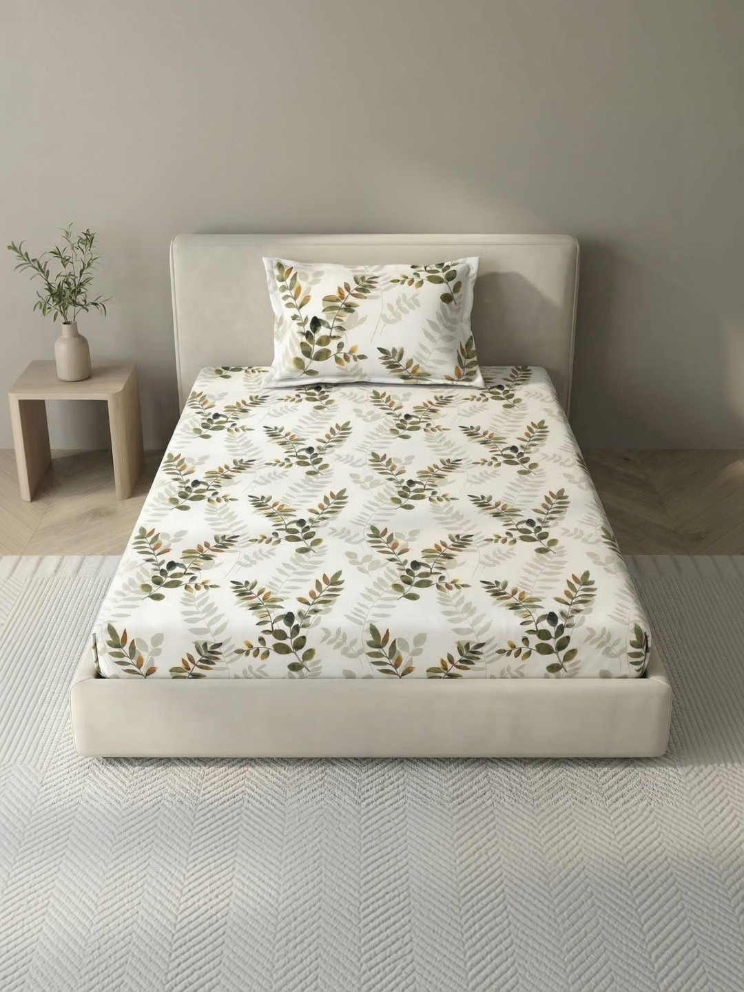 MAFATLAL Green Leaf Printed 186 TC Single Cotton Bedsheet with 1 Pillow Covers