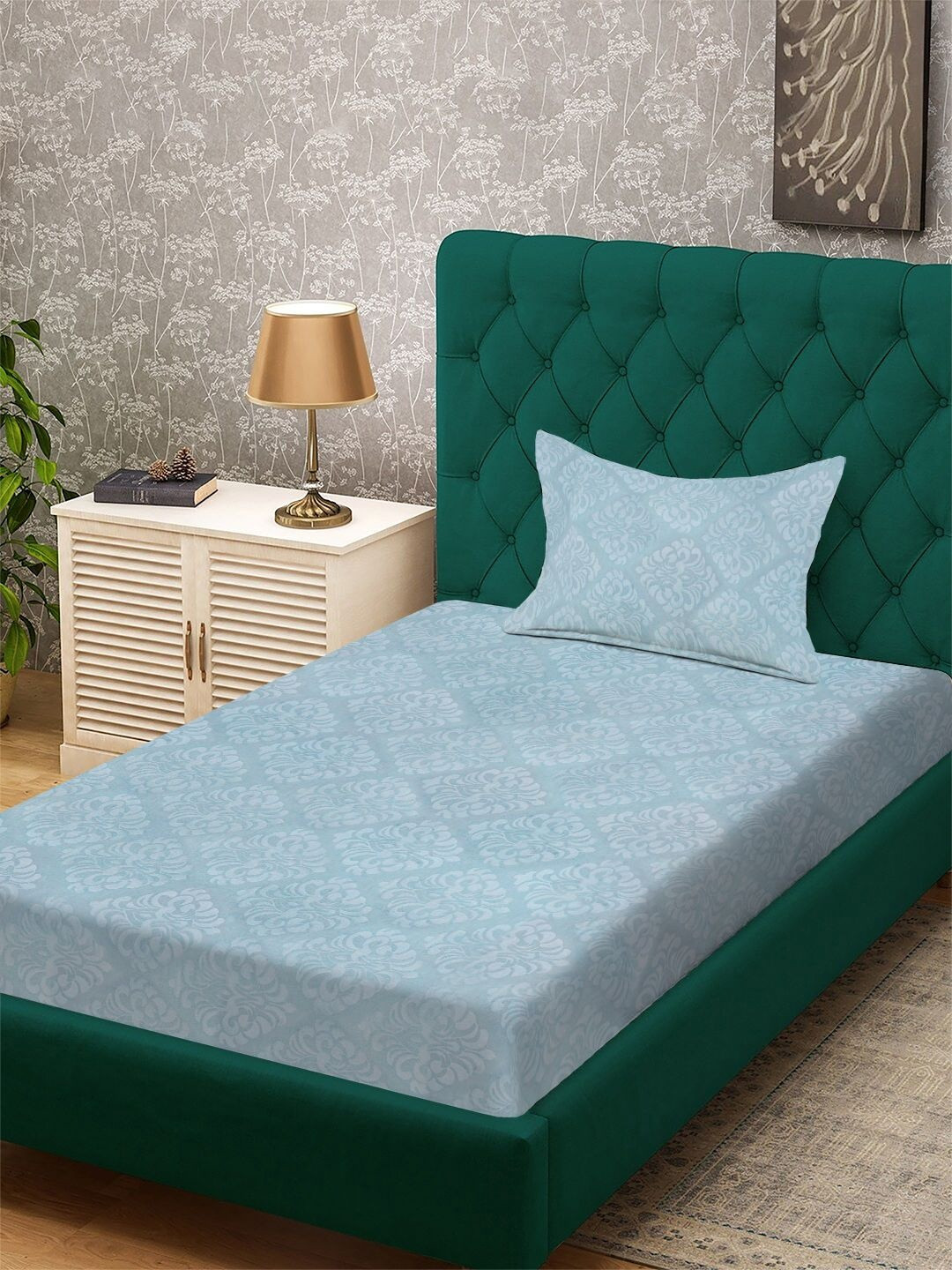 Myntra Elegant Homes Blue Floral 300 TC Single Bedsheet with 1 Pillow Covers