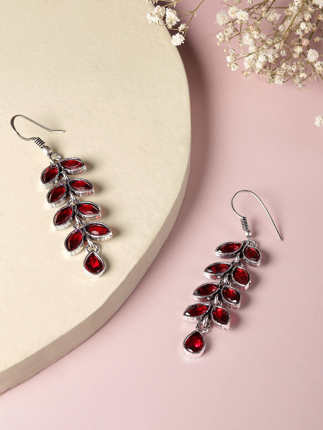 AITIHYA Silver-Plated Leaf Shaped Oxidised Drop Earrings