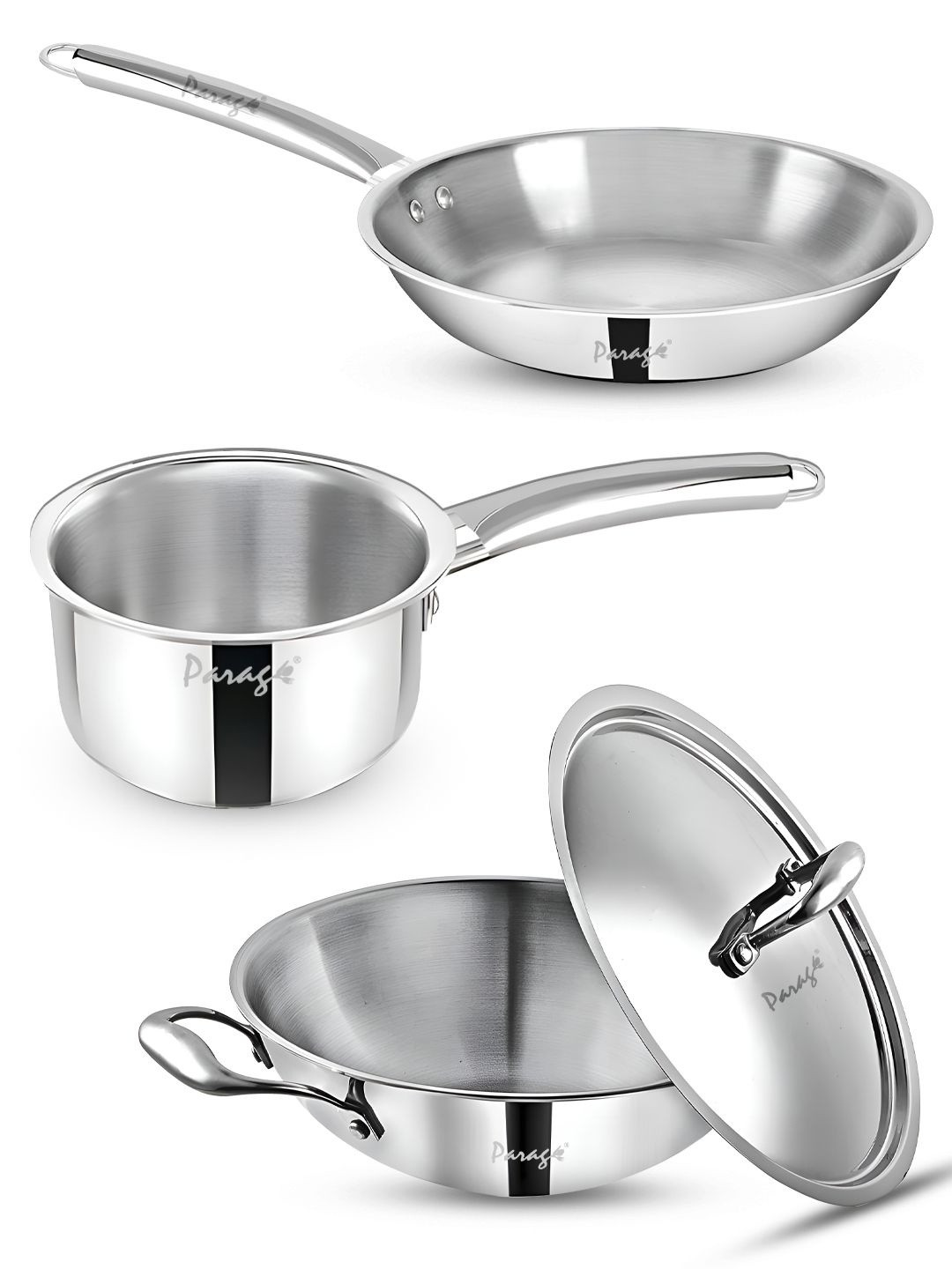 Parage Grey Set Of 3 Dishwasher Safe Tripure Tri-Ply Cookware Set