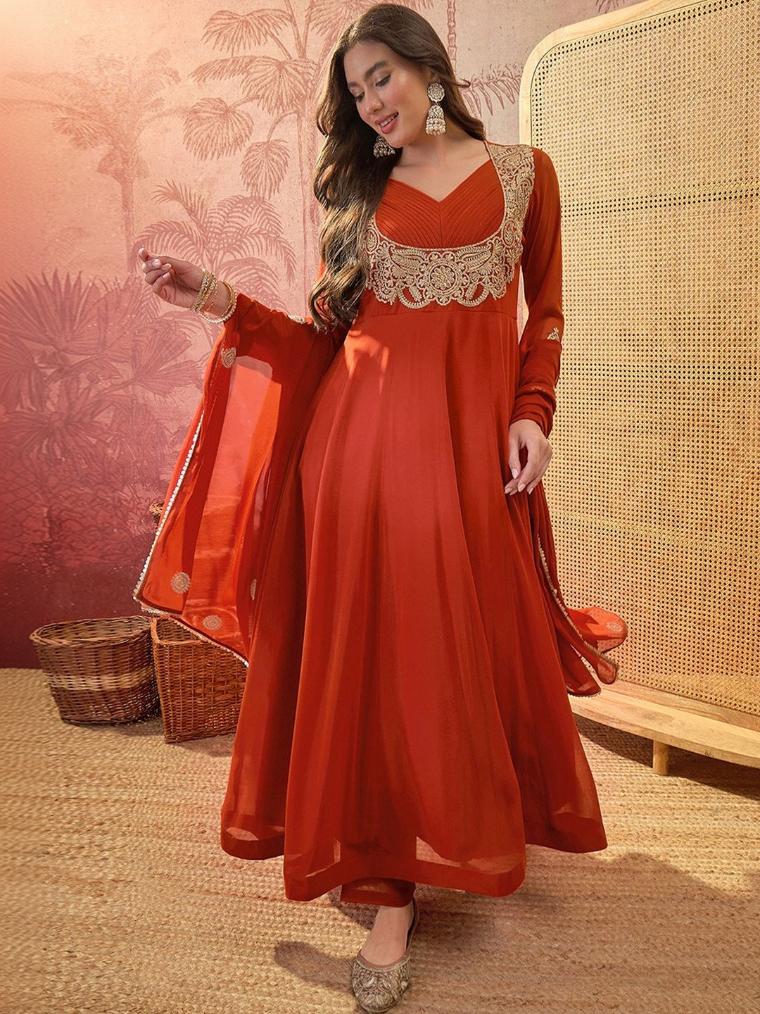 Sangria Embroidered  V-Neck Kurta & Trousers With Dupatta