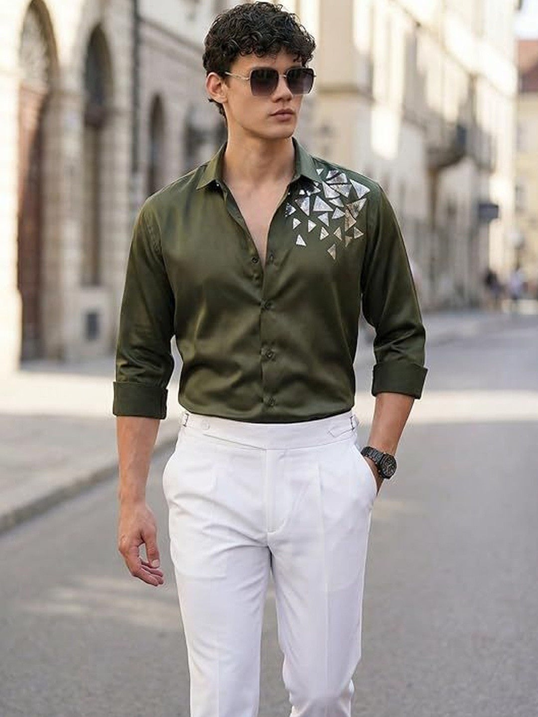 INDOPRIMO Men Olive Satin Casual Shirt
