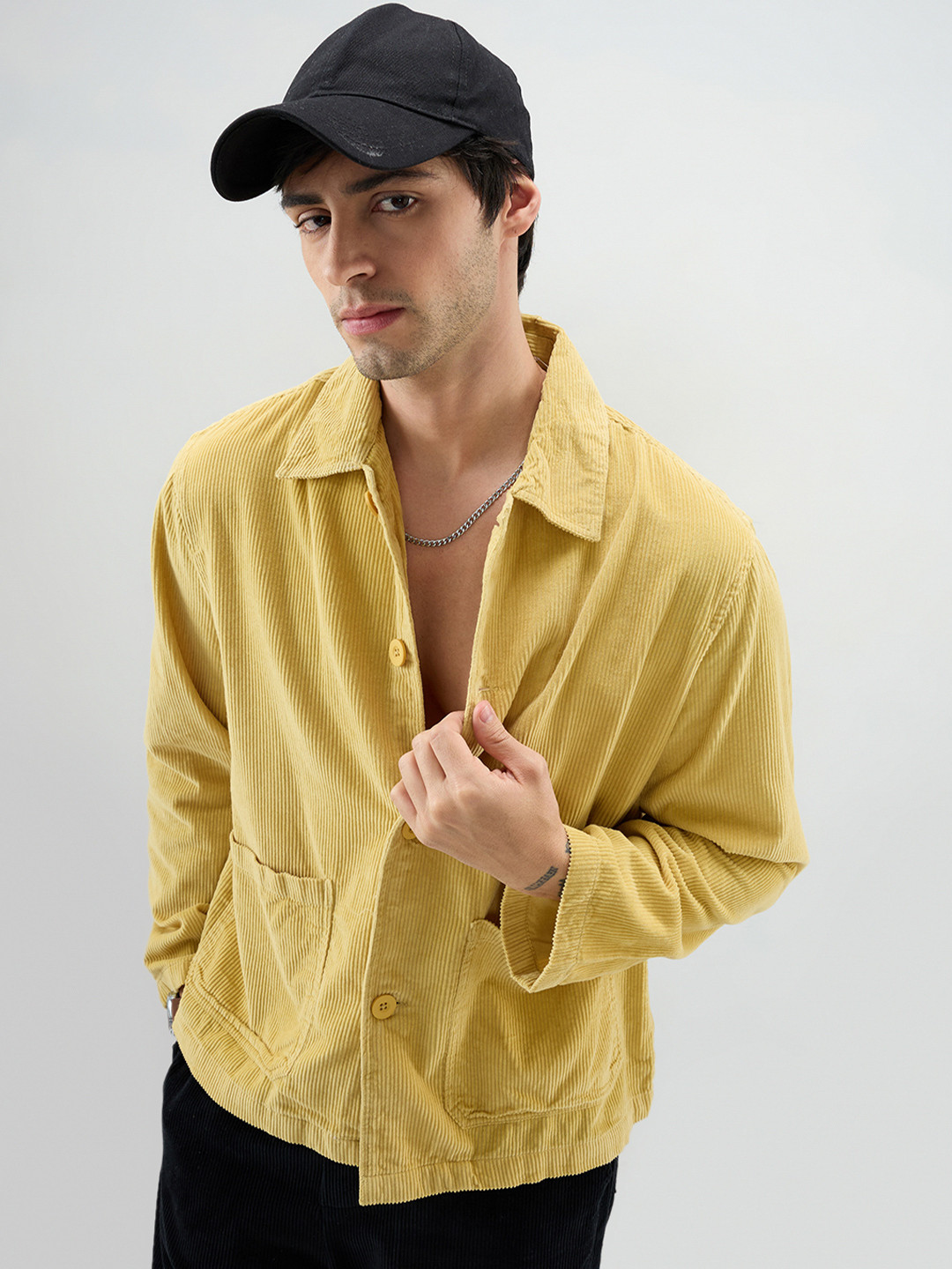 VASTRADO Sunmelt Mustard Corduroy Oversized Double Pocket Crop Shacket