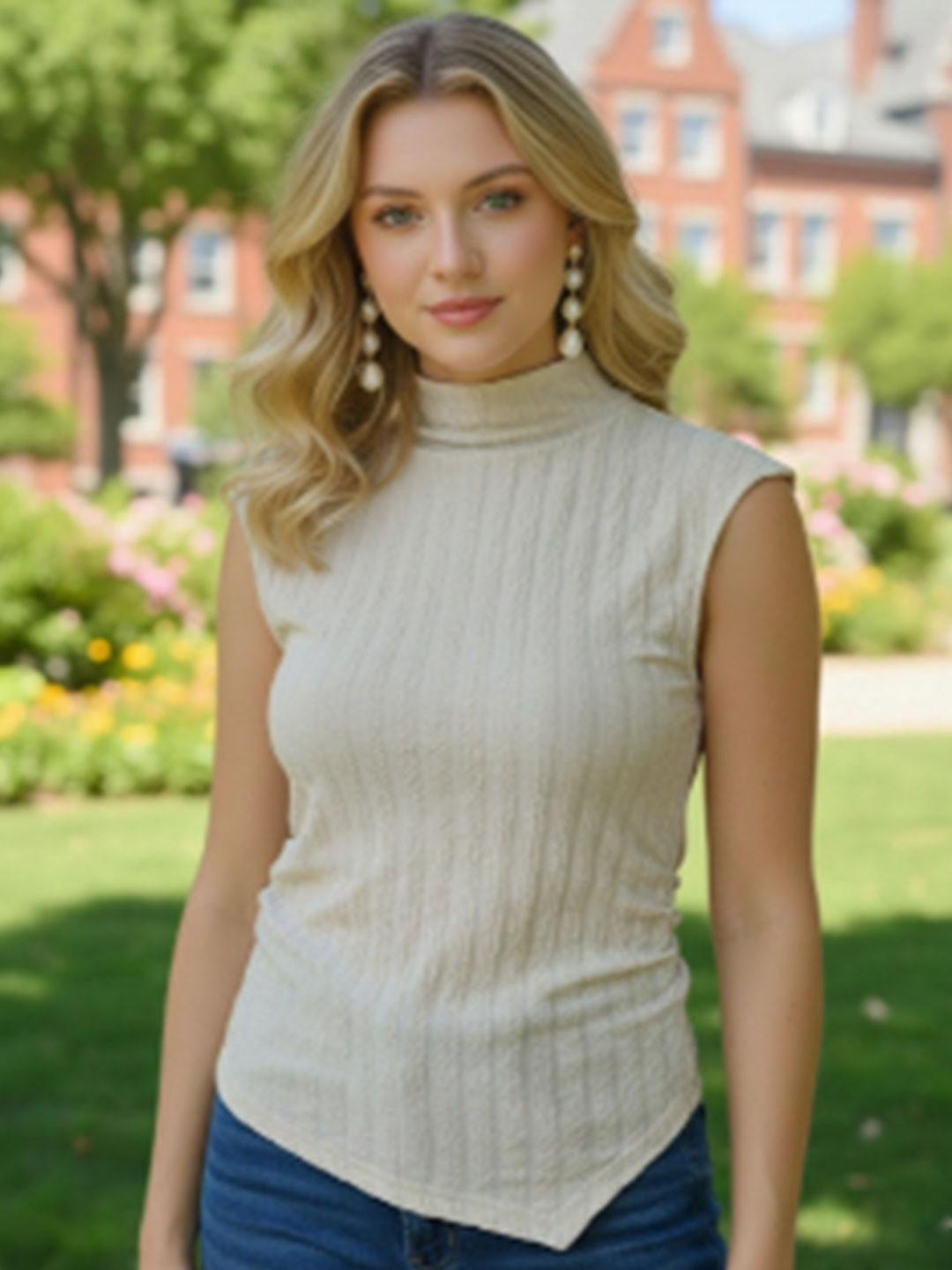 Beige High Neck Sleeveless Knitted Top