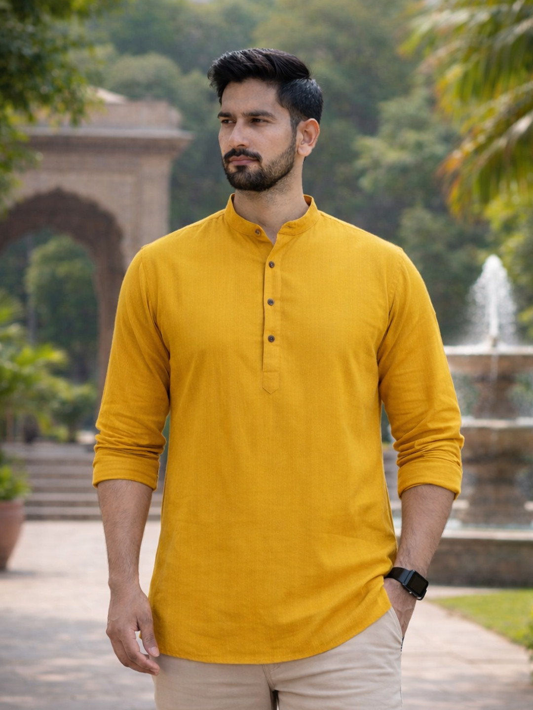 LADSLOOM Men Mustard Solid Cotton Kurtas