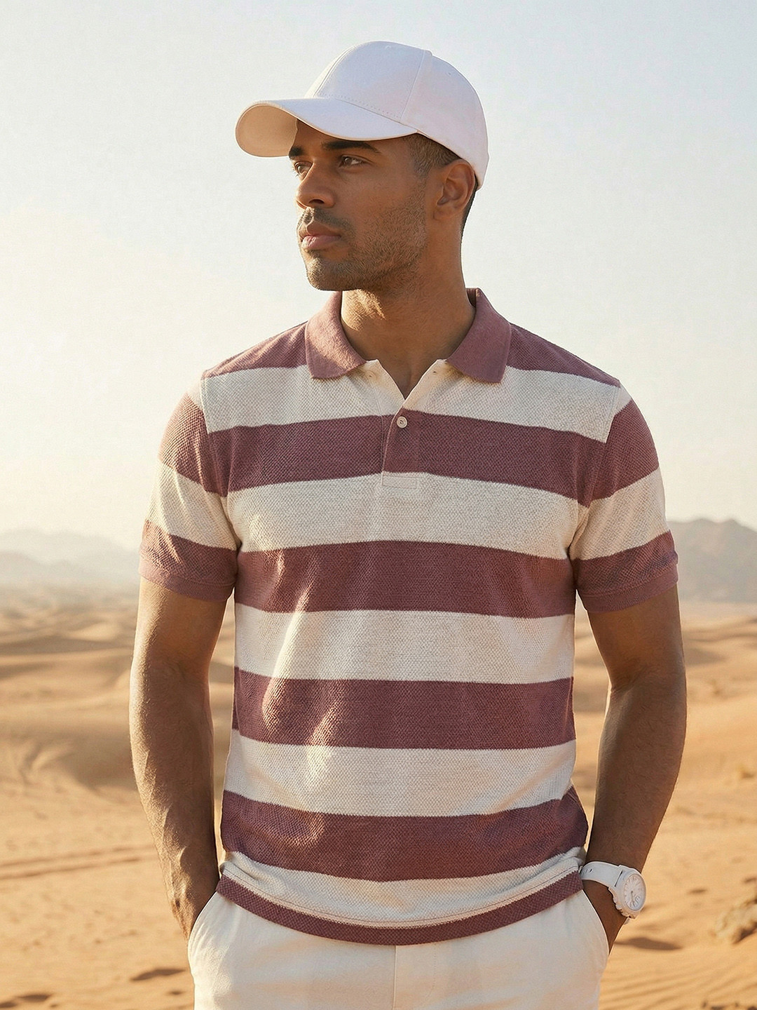 The Roadster Life Co. Striped Polo Collar Pure Cotton T-shirt